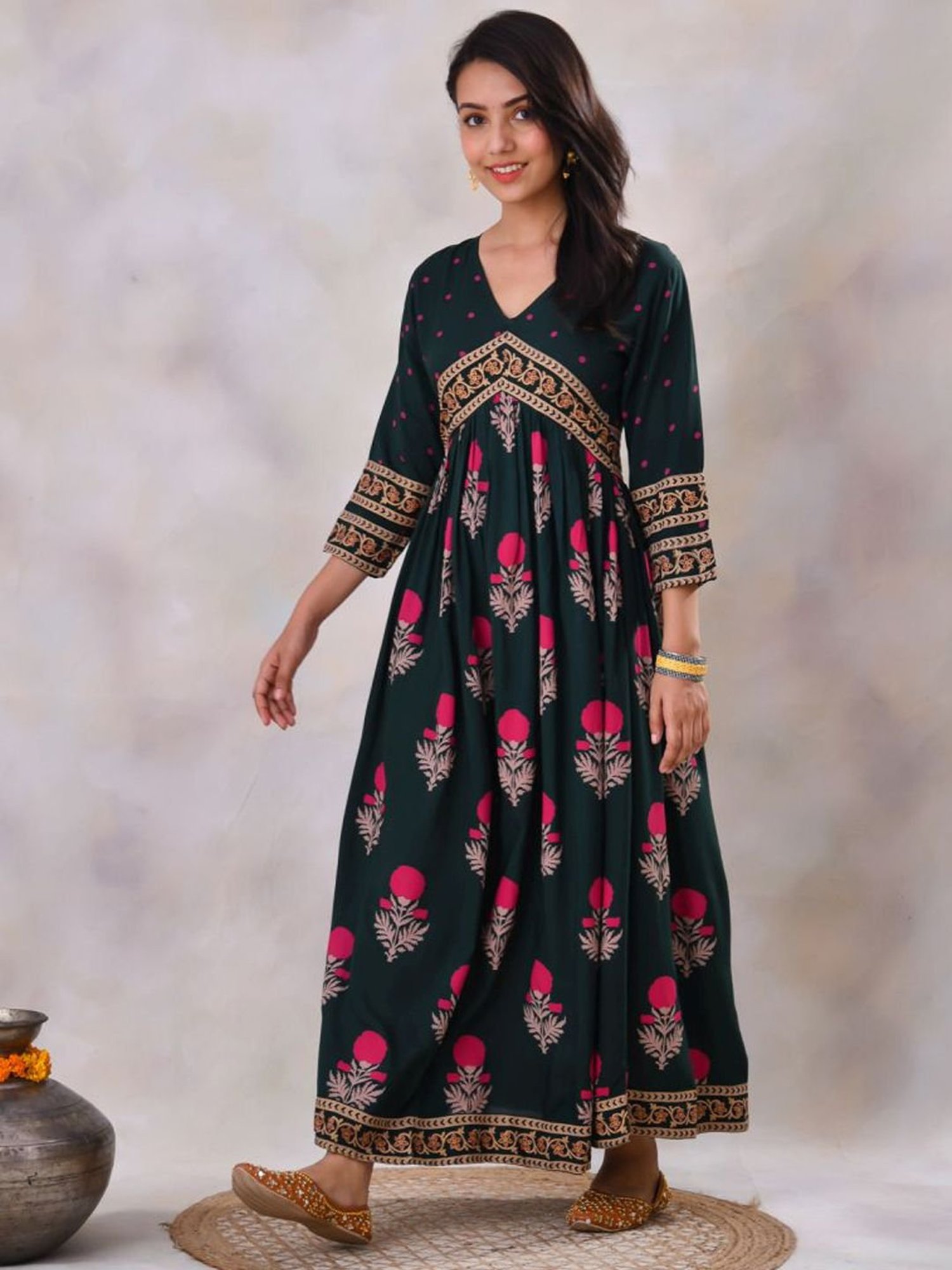 Rustorange Emerald Green Printed Dress