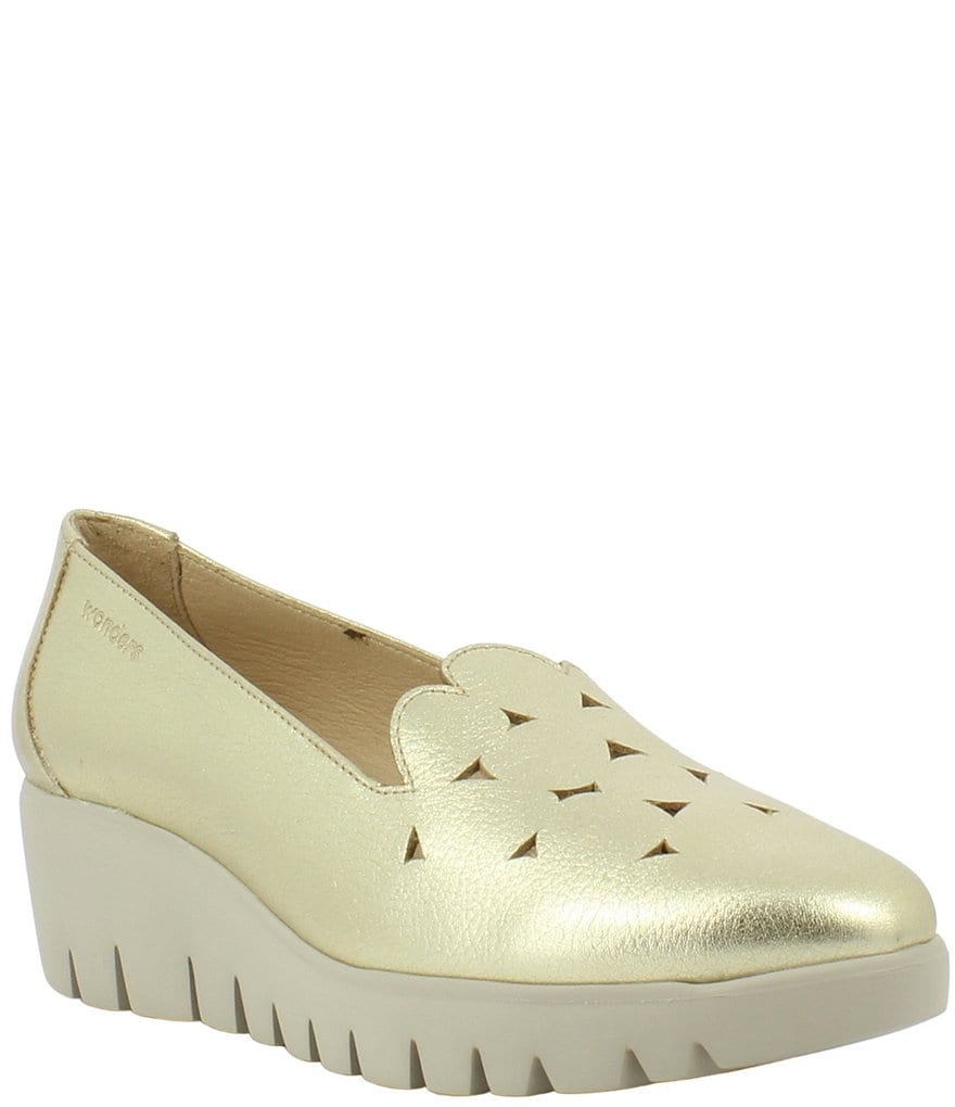 Wonders Flyer Metallic Leather Platform Wedge Perforated Slip-Ons