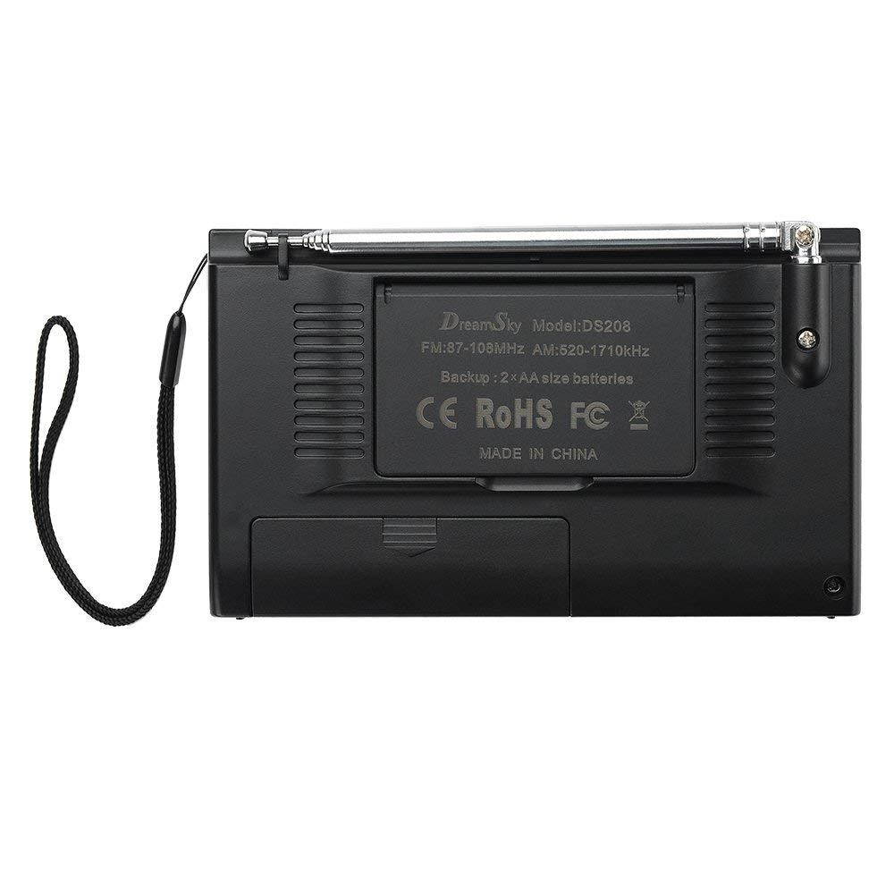 DreamSky Portable AM/FM Radio Alarm Clock, Clear Loudspeaker, Earphone Jack, 12 /24H Time Display with Backlight, Ascending Alarms, Battery Operated, Sleep Timer AA Battery Included.