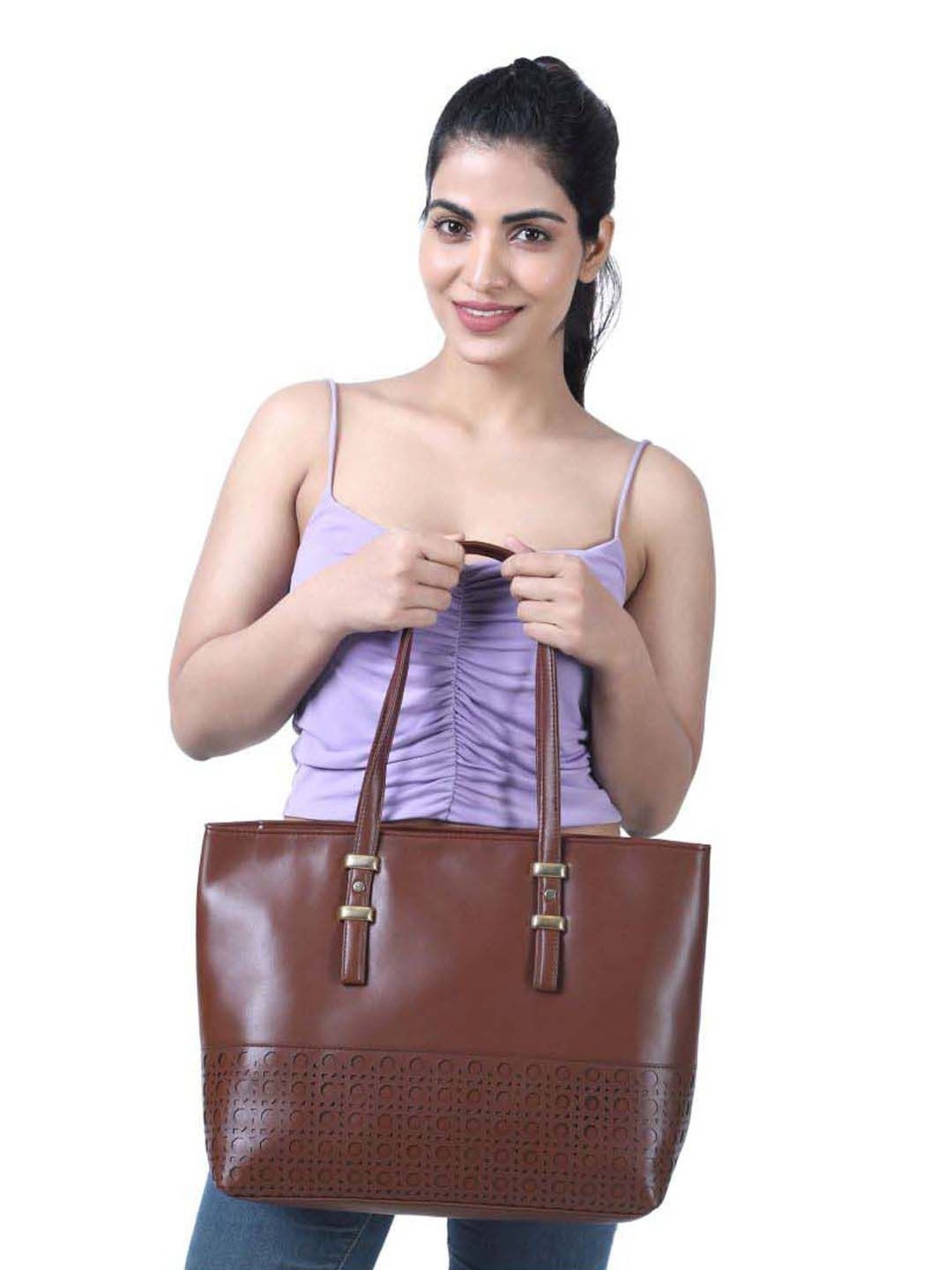 Toteteca Brown Cut Work Medium Tote Handbag