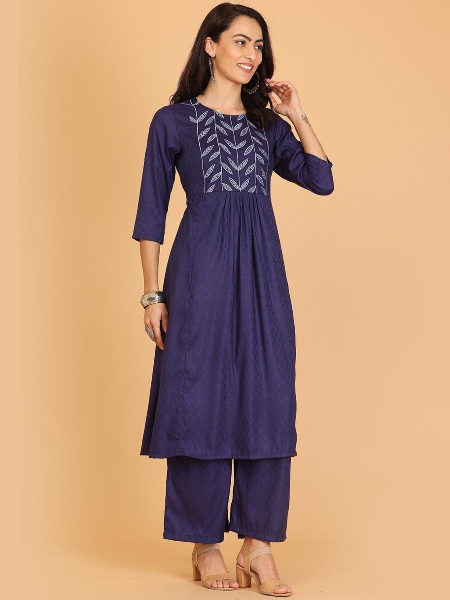 Kaanchie Nanggia Blue Embroidered Flayred Kurta With Pant Set