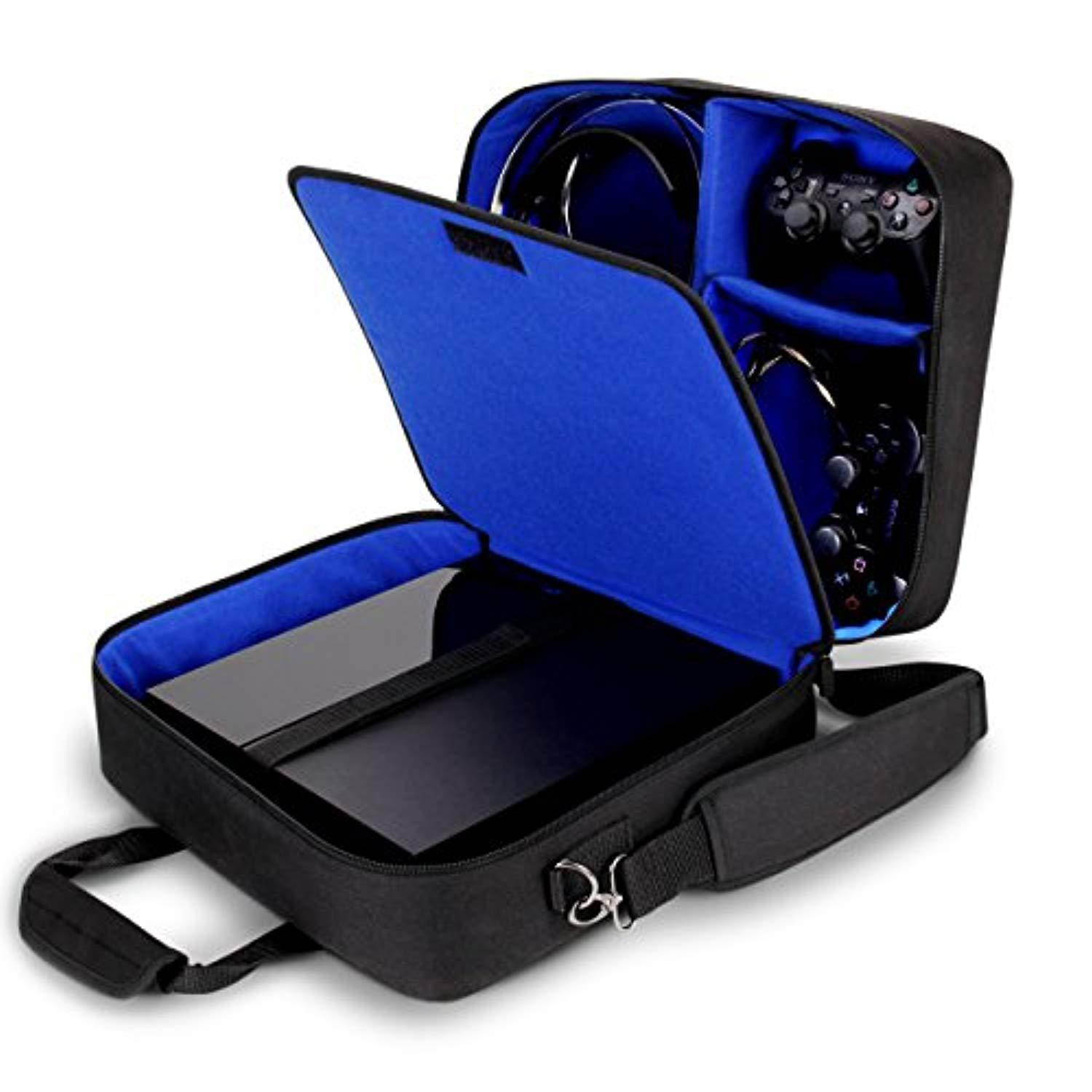 USA GEAR Console Carrying Case Compatible with Playstation 4 / PS4 Slim & PS4 Pro with Accessory Storage for Controllers, Cables, Headsets & Padded Shoulder Strap - Fits All PS4 & PS3 Models - Blue