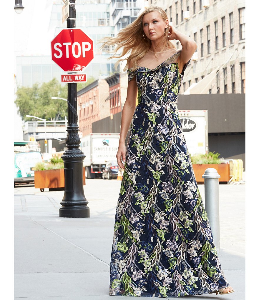 JS Collections Francesca Illusion Yoke Off-the-Shoulder Cap Sleeve Illusion Sweetheart Neck Embroidered Gown