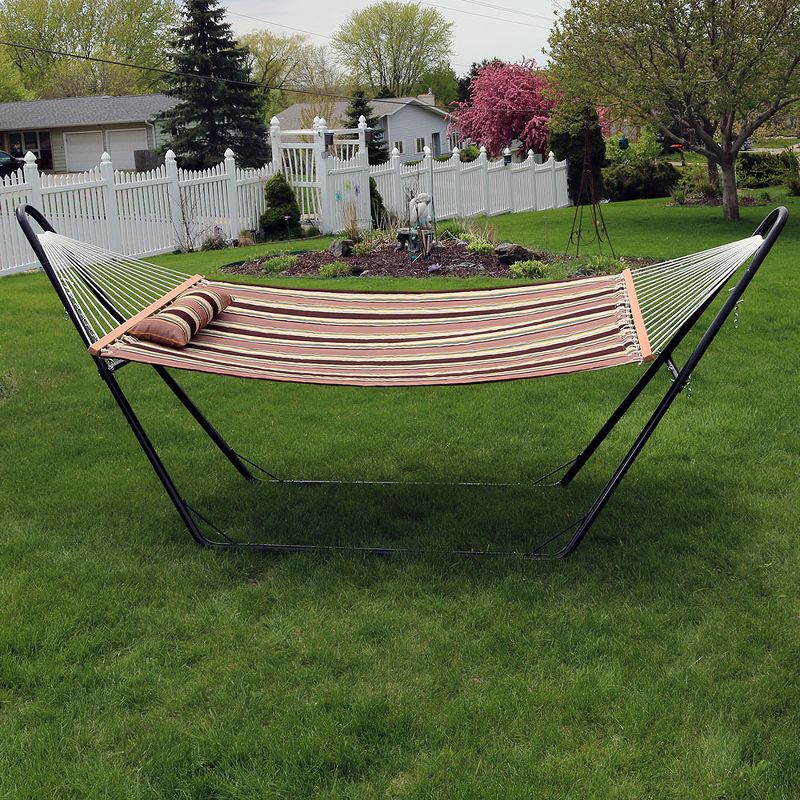 Sunnydaze 2-Person Heavy-Duty Double Quilted Hammock with Multi-Use Universal Steel Stand - 450 lb Weight Capacity - Sandy Beach