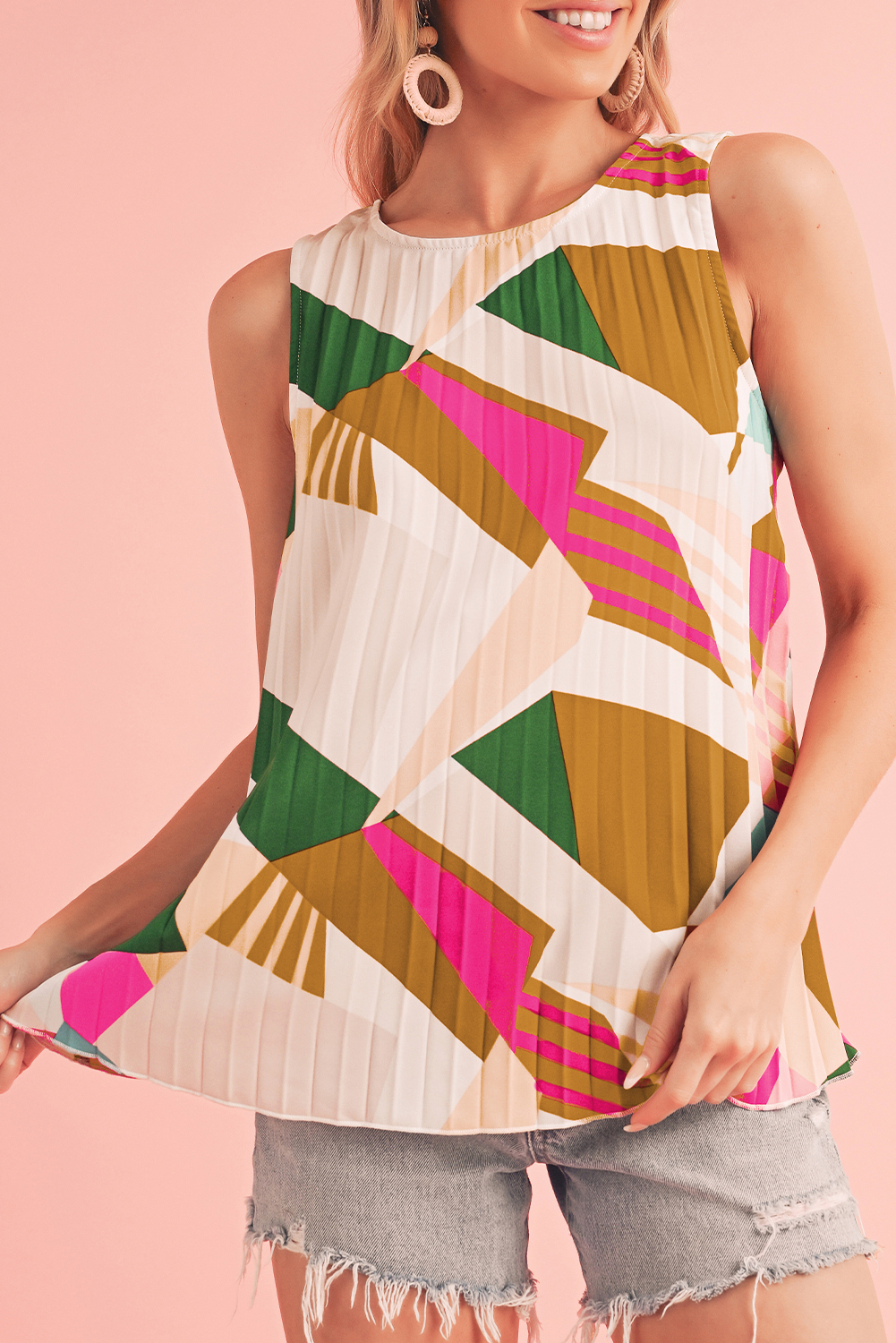 Multicolor Boho Geometric Print Keyhole Back Pleated Sleeveless Shirt