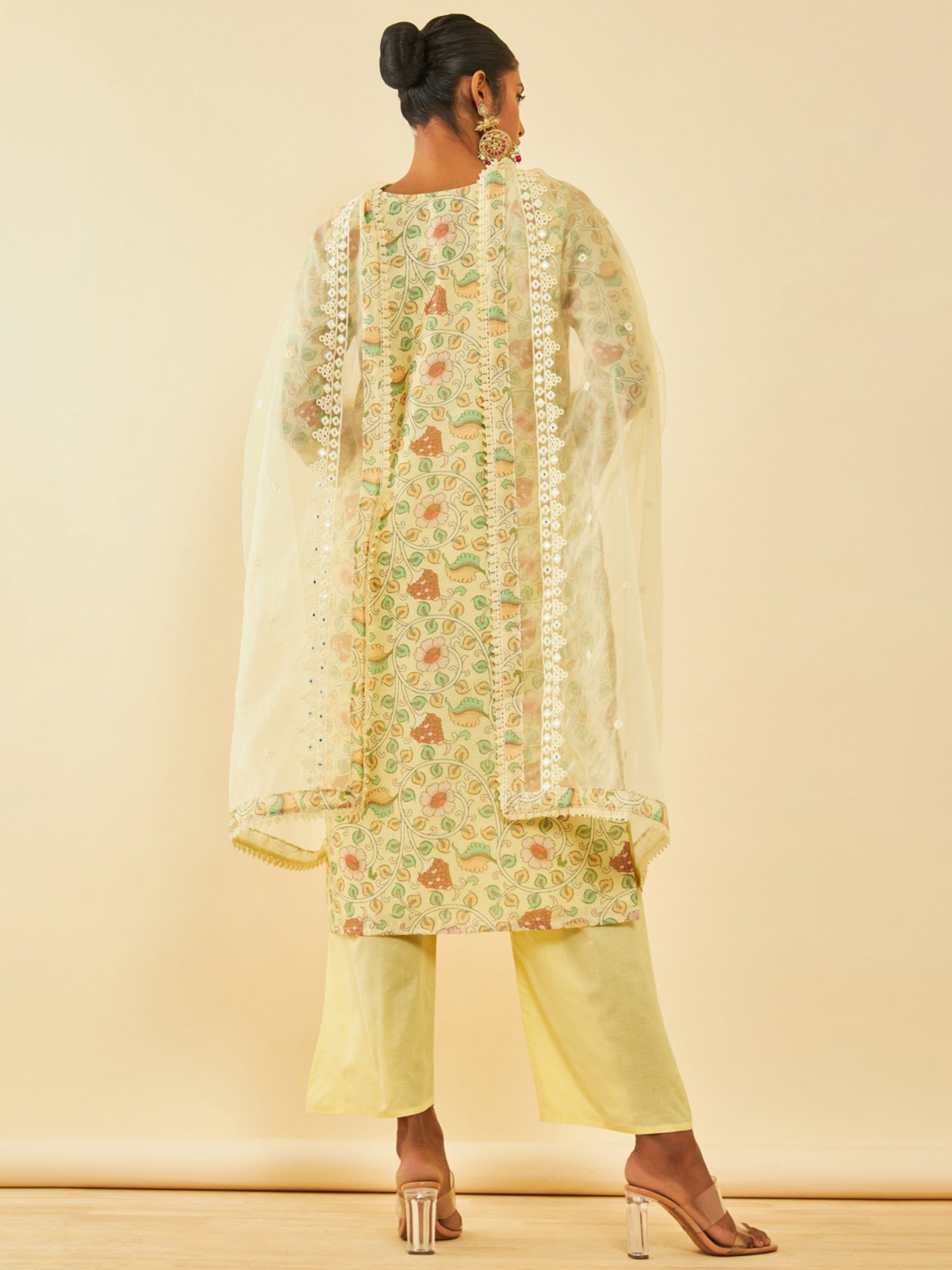 Soch Light Yellow Cotton Kalamkari Unstitch Dress Material With Faux Mirror