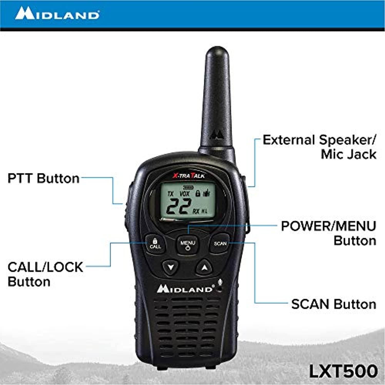 Midland - LXT500VP3, 22 Channel FRS Walkie Talkies with Channel Scan - Extended Range Two Way Radios, Silent Operation, Batteries Included (Pair Pack) (Black) (LXT500VP3)