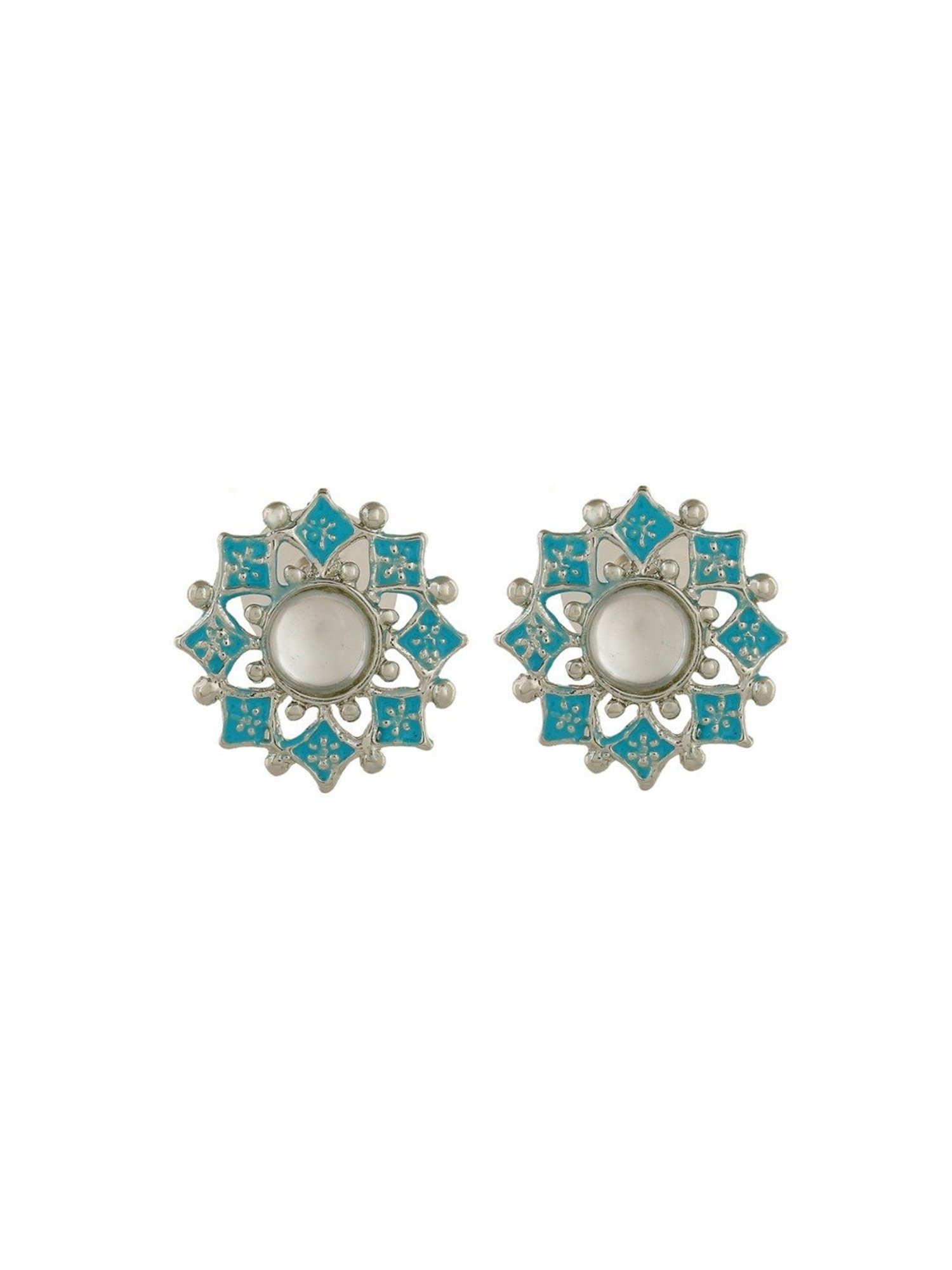 Estele Rhodium-Plated Flower Shaped Blue Meenakari Kundan Stud Earrings