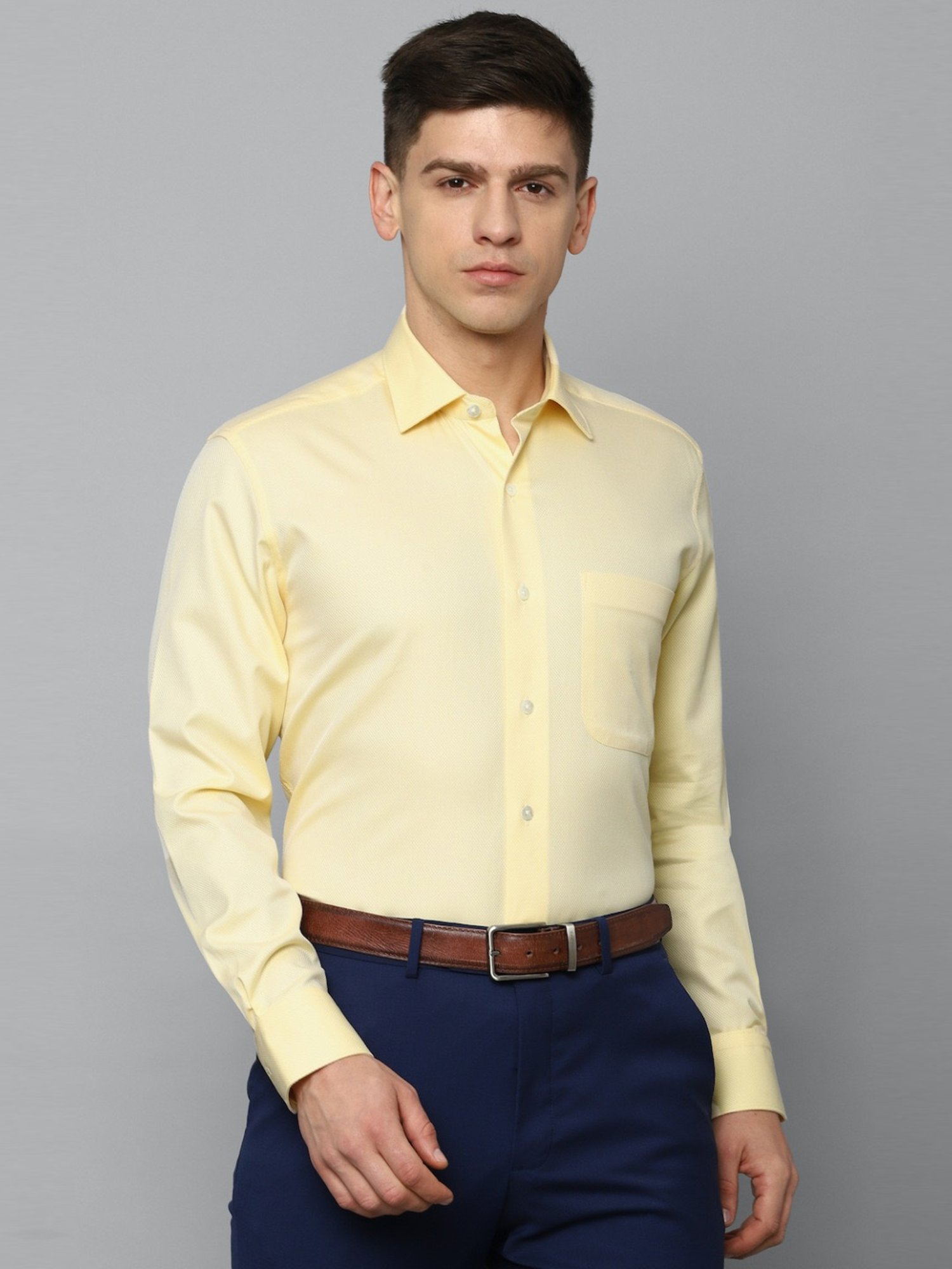 Luxure By Louis Philippe Yellow Cotton Regular Fit Self Pattern Shirt