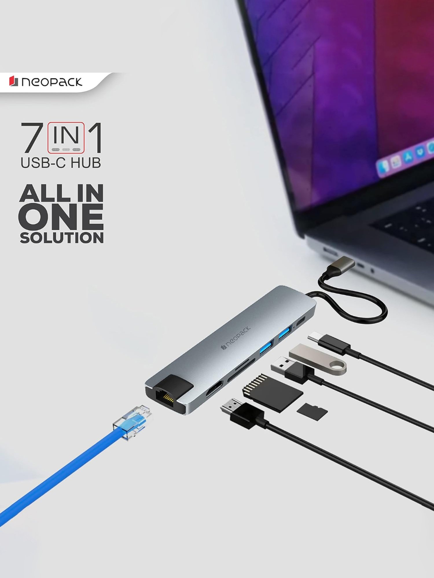 Neopack 7 in 1 USB C Hub Multiport Adapter with SD-TF Card Slots, USB 3.0 5Gbps Data Ports (Silver)