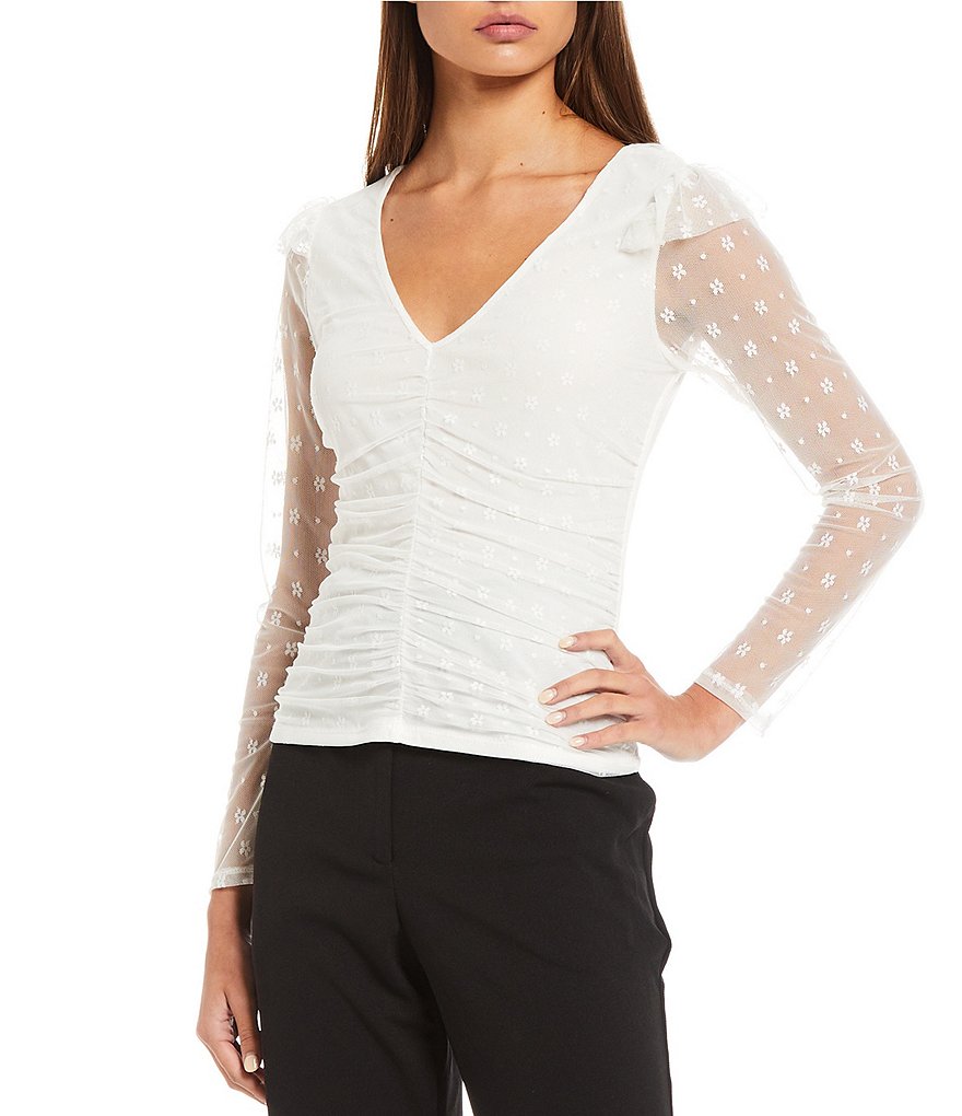 June & Hudson Ruffle Mesh Long Sleeve Ruched Front Top