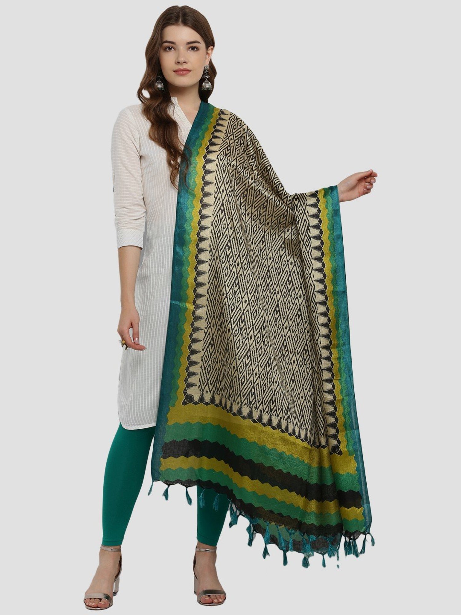 Saree Mall Beige & Green Printed Dupatta