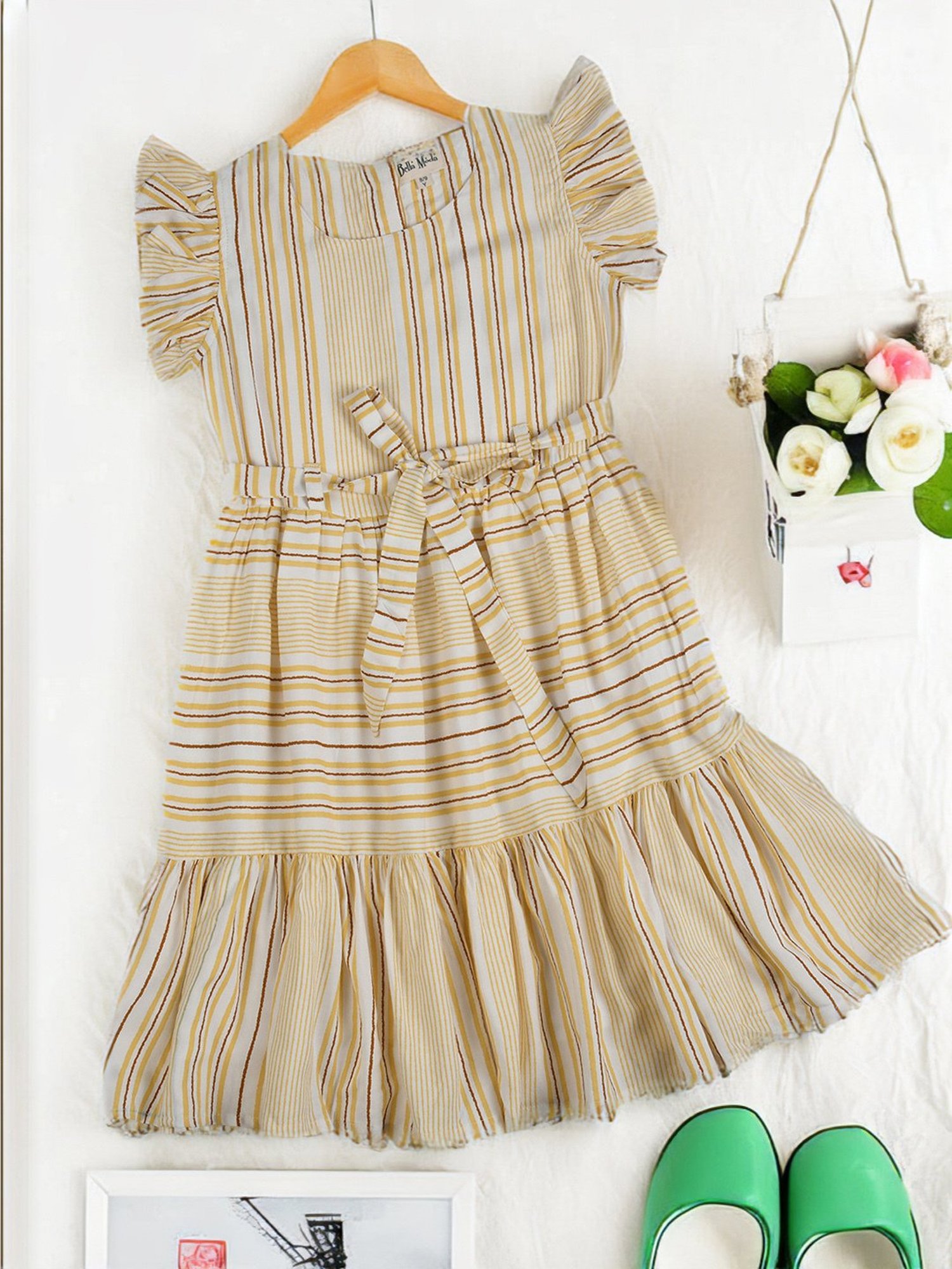 Bella Moda Kids Off White Striped Fit & Flare Dress