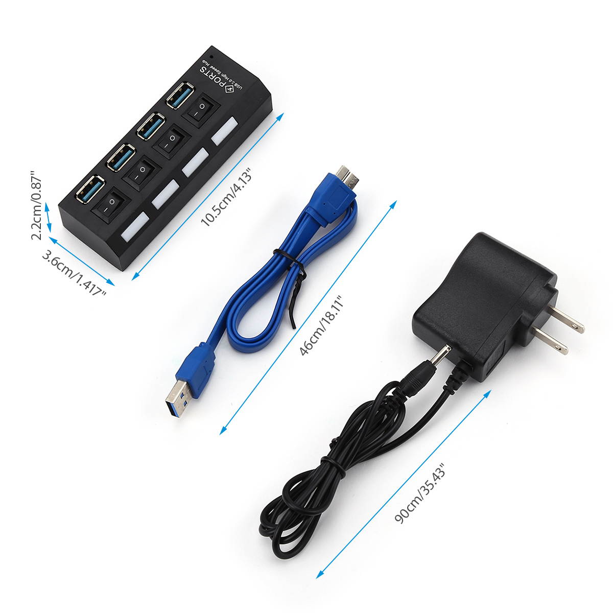 FirstPower 4 Ports USB 3.0 Hub, Portable SuperSpeed USB 3.0 Hub, Splitter 5Gbps, Individual On/Off Switches LED, USB Extension Multi-function USB Dock Hot Swapping Support with US AC Power Plug