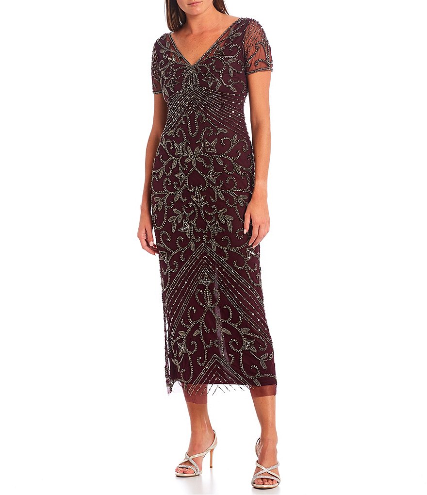 Jkara Petite Size 3/4 Sleeve Lined Illusion Crew Neck Beaded Gown