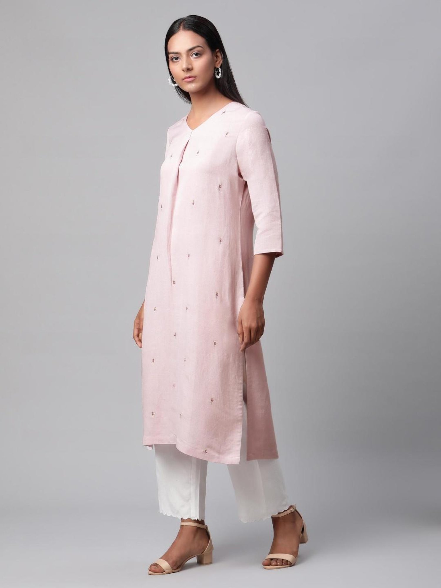 Linen Club Women Light Pink Embroidered Kurta