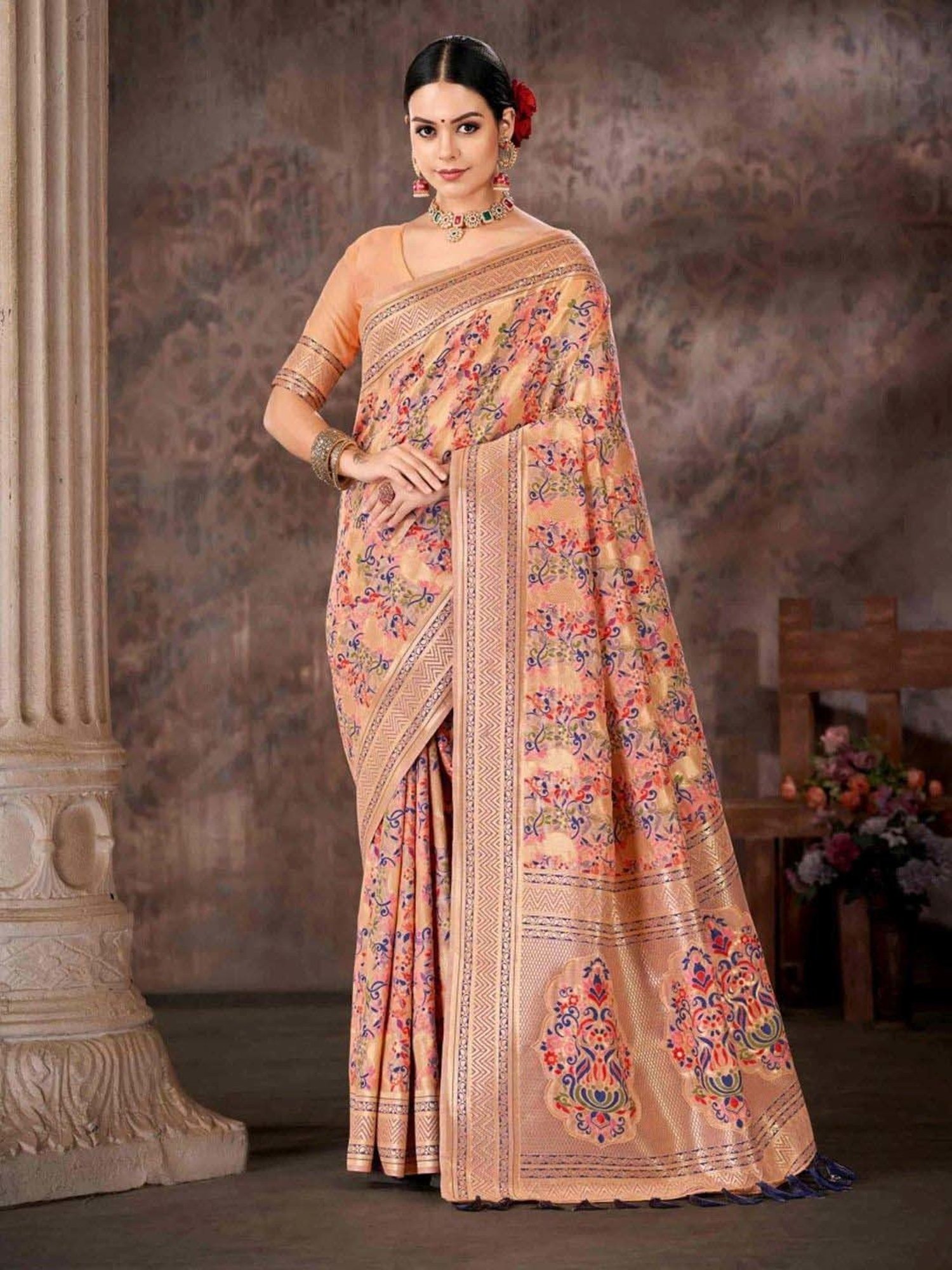 Silk Land Pink Embroidered Saree With Unstitched Blouse
