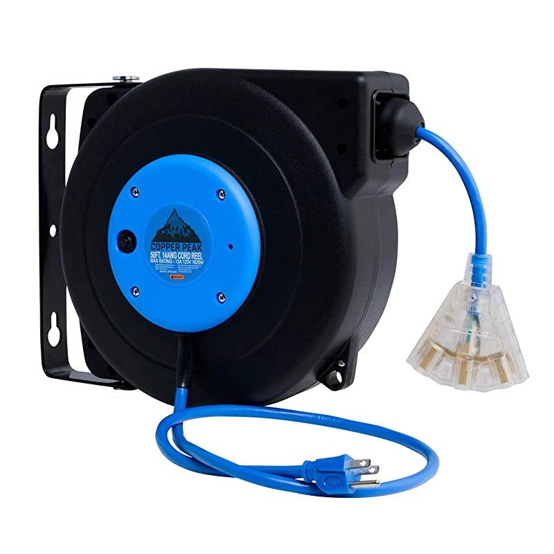 50 ft Retractable Extension Cord Reel Ceiling or Wall Mount 14 Gauge Blue and Black