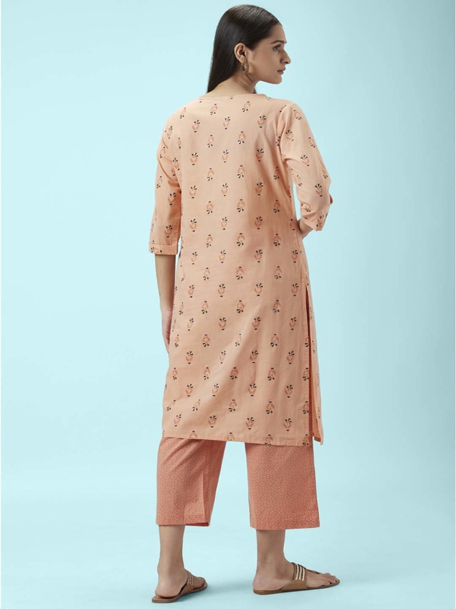 Rangmanch by Pantaloons Peach Cotton Printed Kurta Palazzo Set