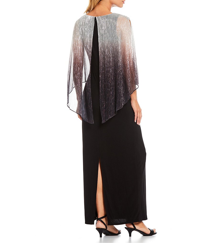 Ignite Evenings Petite Size Beaded 3/4 Sleeve Round Neck Ombre Popover Sheath Gown