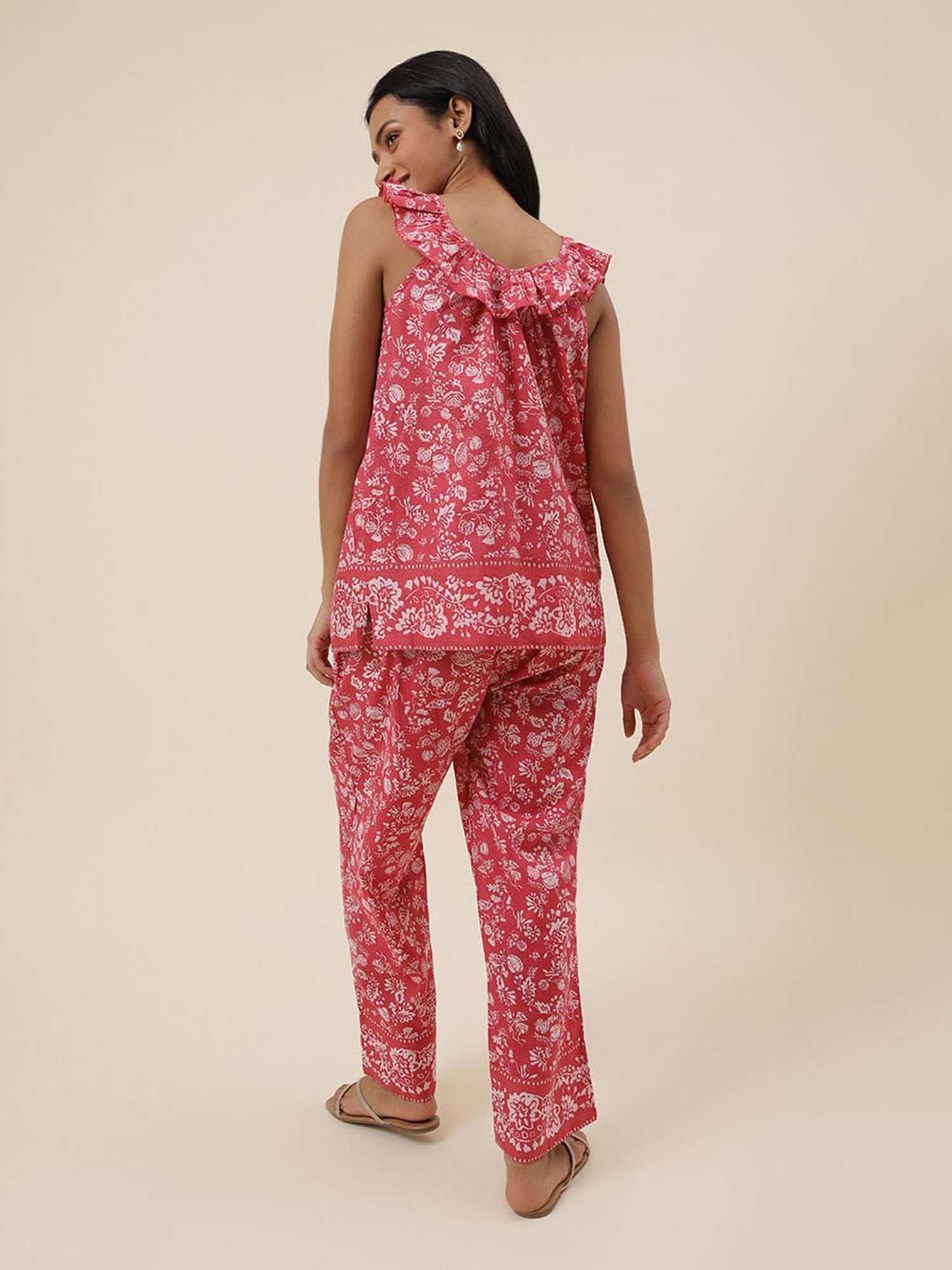 Fabindia Pink Cotton Printed Top With Pants