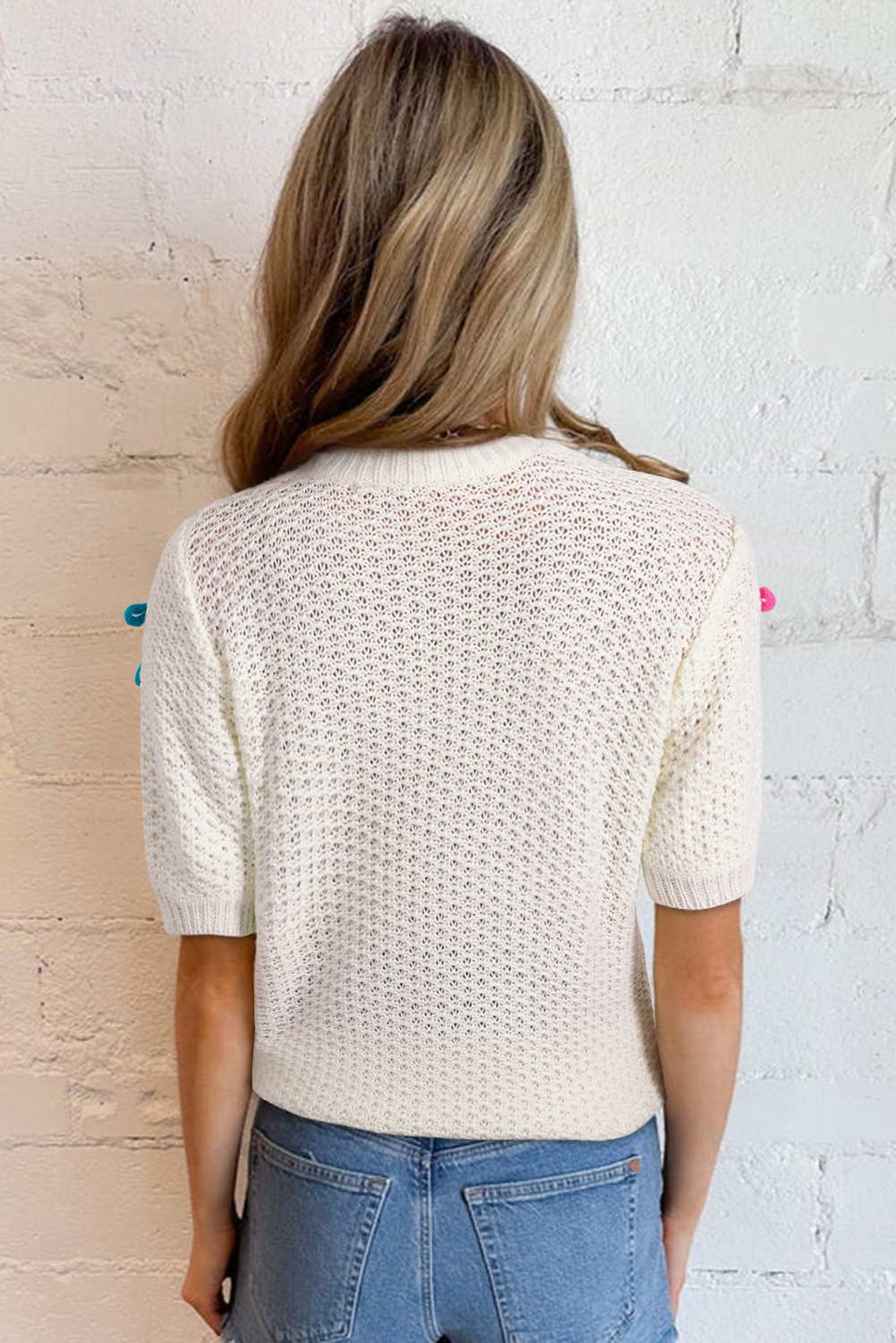 Light Blue Checkered Color Block Crew Neck Short Sleeve Sweater