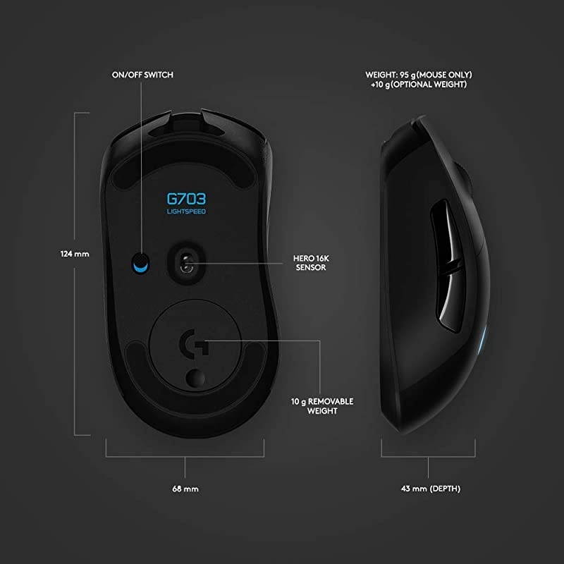 703 Lightspeed Wireless Gaming Mouse WHero 25K Sensor PowerPlay Compatible Lightsync RGB Lightweight 95G+10G Optional 10025 600 DPI Rubber Side Grips Black