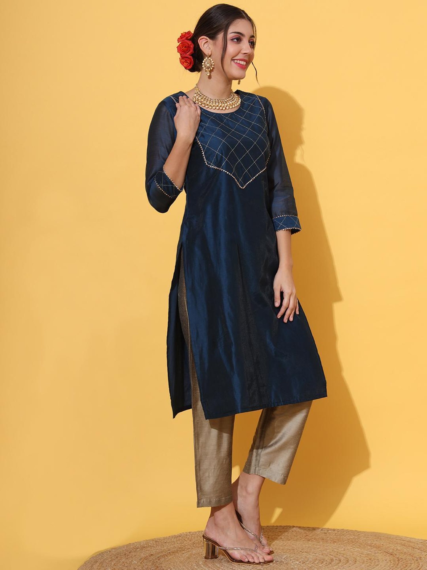 DECKEDUP Navy Embroidered Kurta With Pants