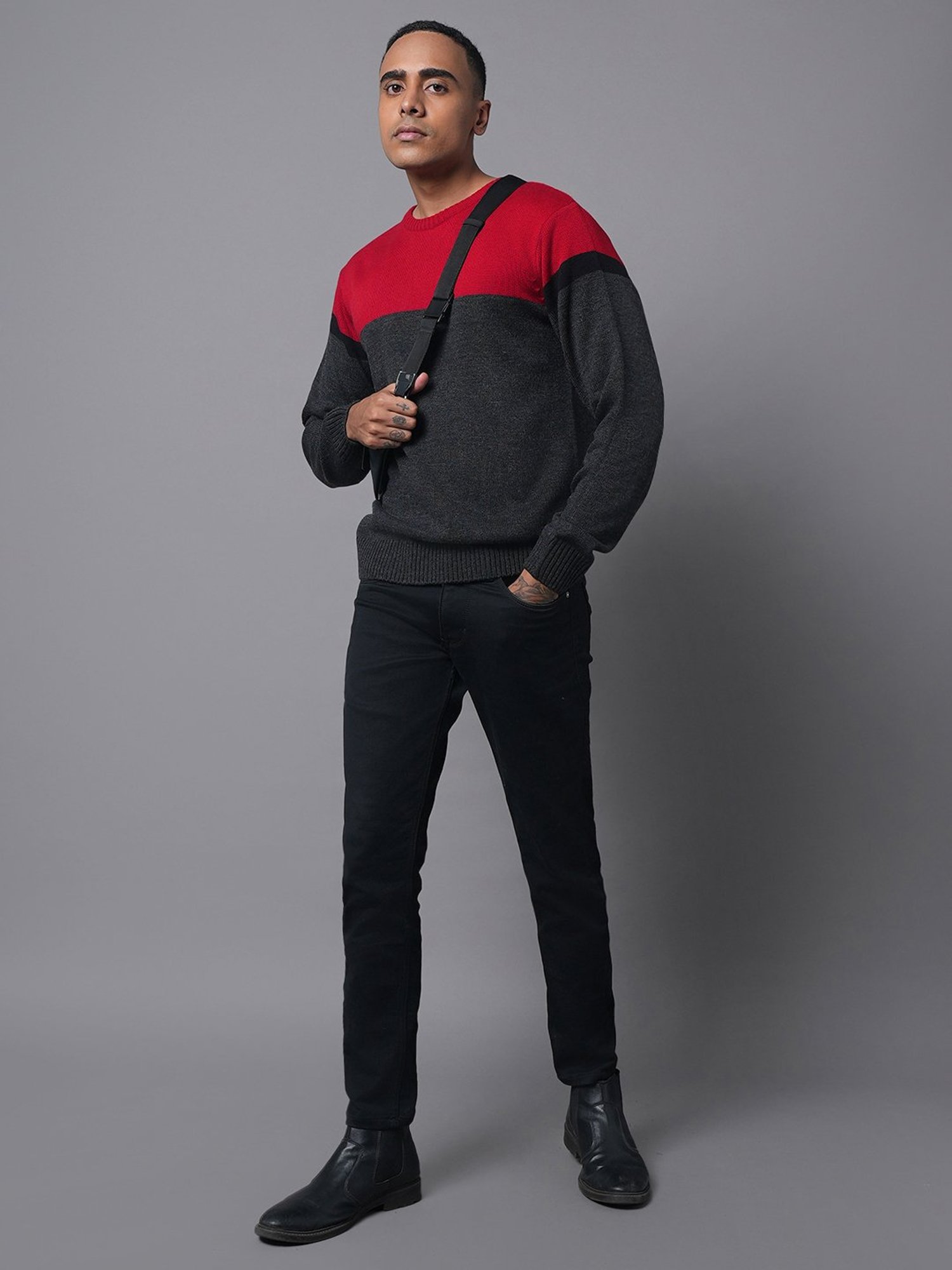 High Star Dark Grey & Red Regular Fit Sweater