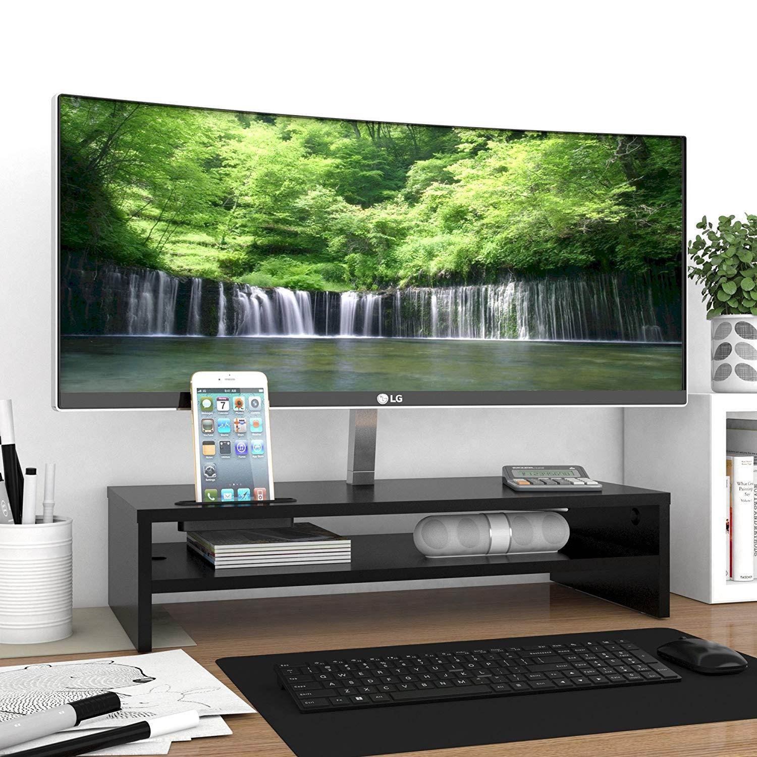 1homefurnit Wood Monitor Stand Riser Desk Storage Organizer, Speaker TV Laptop Printer Stand with Cellphone Holder and Cable Management, 21.3 inch 2 Tiers Shelves Black