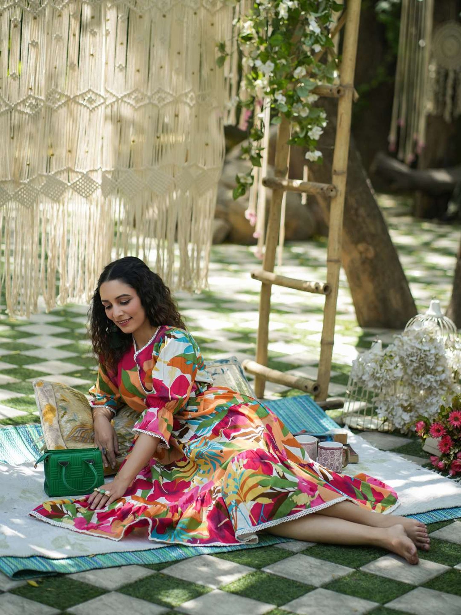 Rain and Rainbow Multicolored Cotton Floral Print A-Line Dress