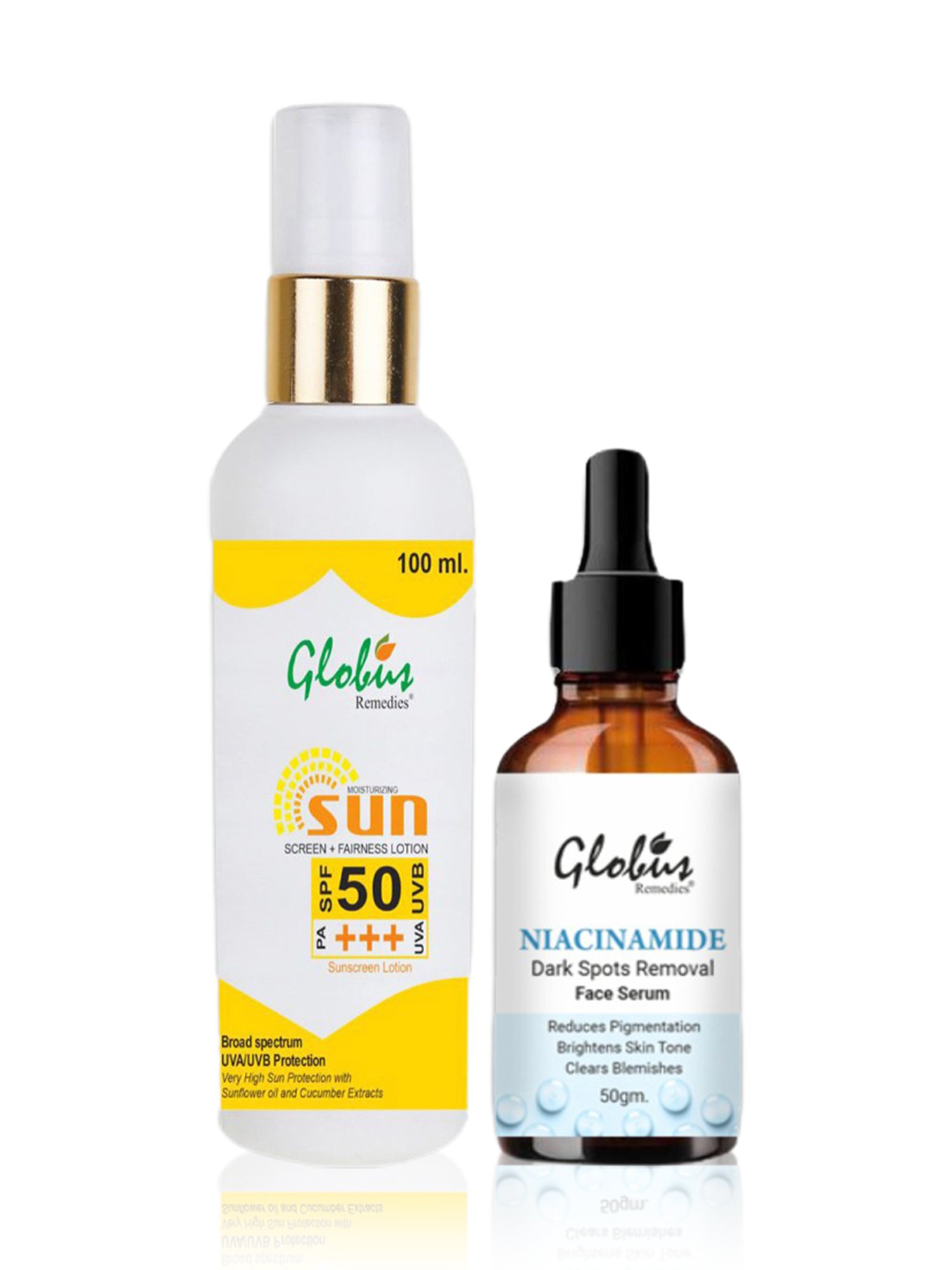 Globus Remedies Sunscreen Fairness Lotion SPF 50+++ & Niacinamide Face Serum Combo