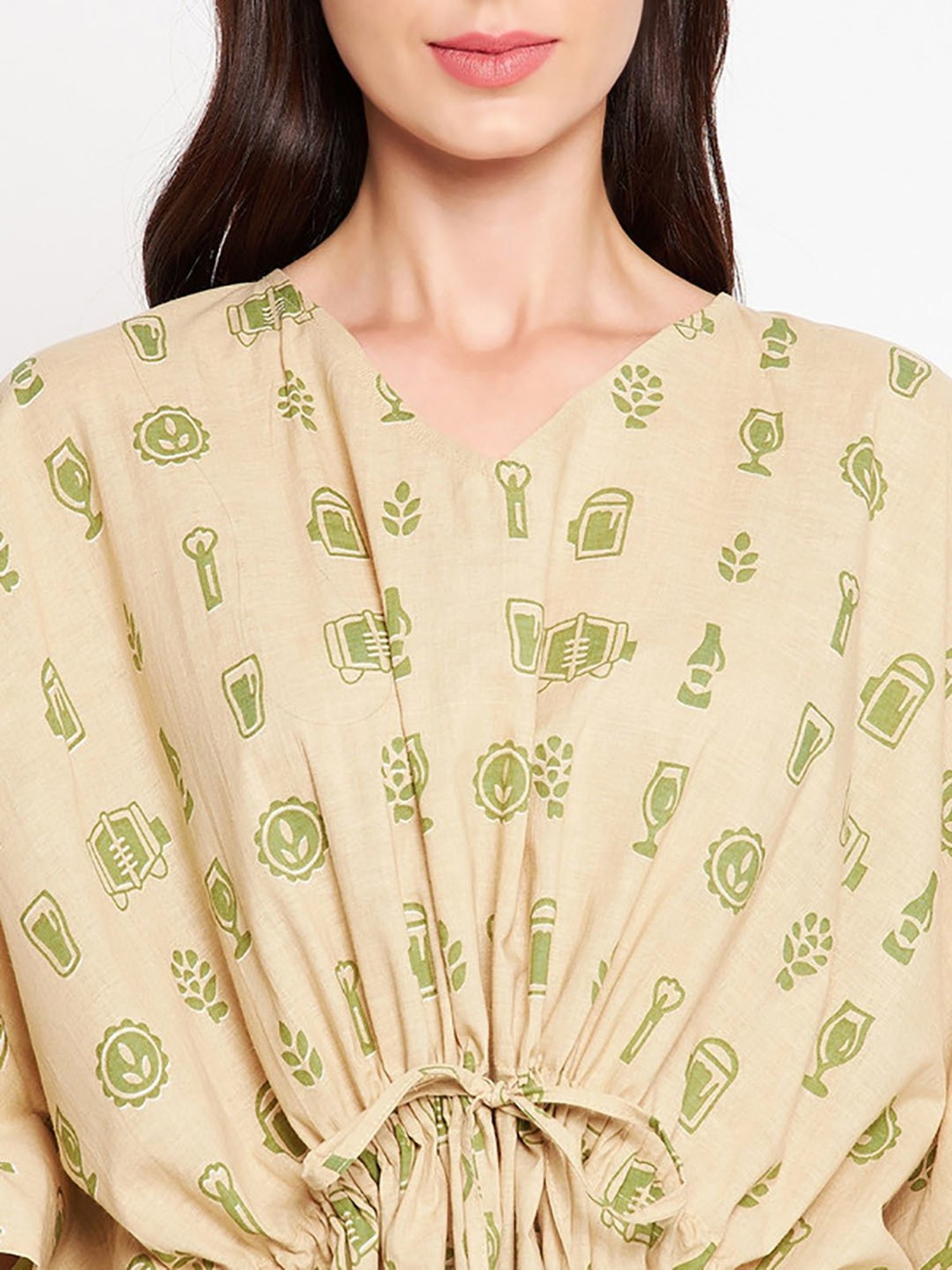 Secrets By ZeroKaata Beige Pure Cotton Printed Short Kaftan Cover Up Dress