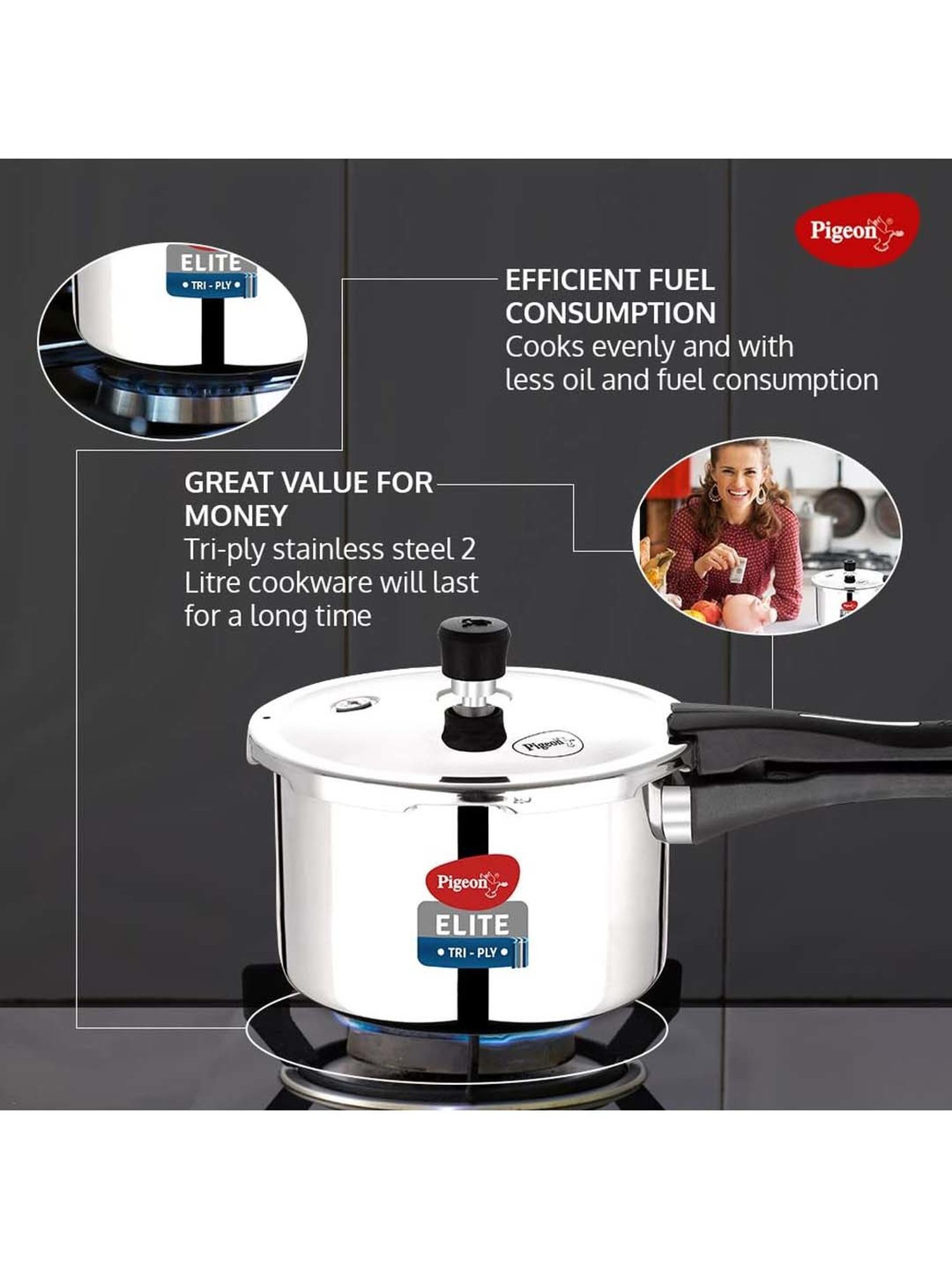 Pigeon Silver Stainless Steel Induction Elite Shine Triply Pressure Cooker (2 L)