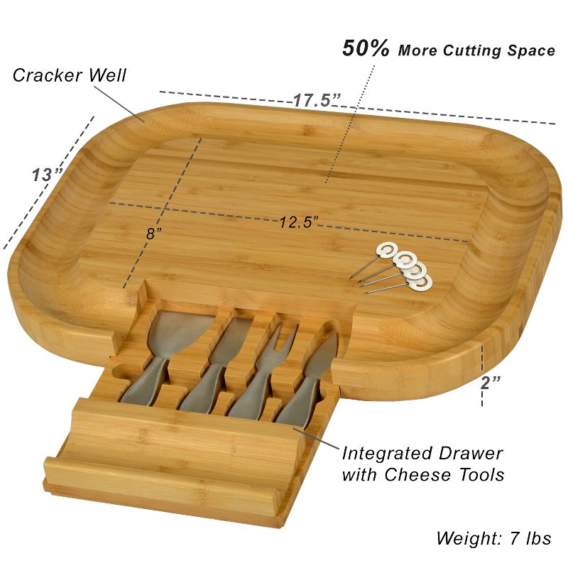 Picnic at Ascot - Large Bamboo Cheese Board with Cracker Groove & Integrated Drawer with 4 Piece Knife Set & Cheese Markers