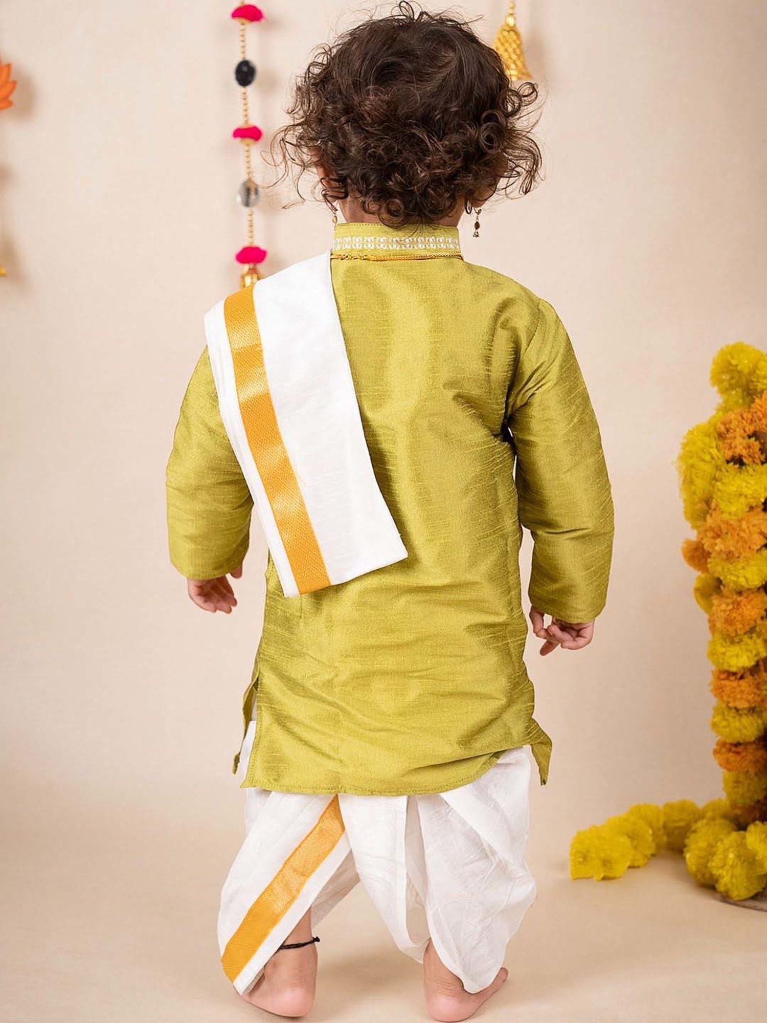 Baby Moo Kids Green & White Regular Fit Full Sleeves Kurta Set