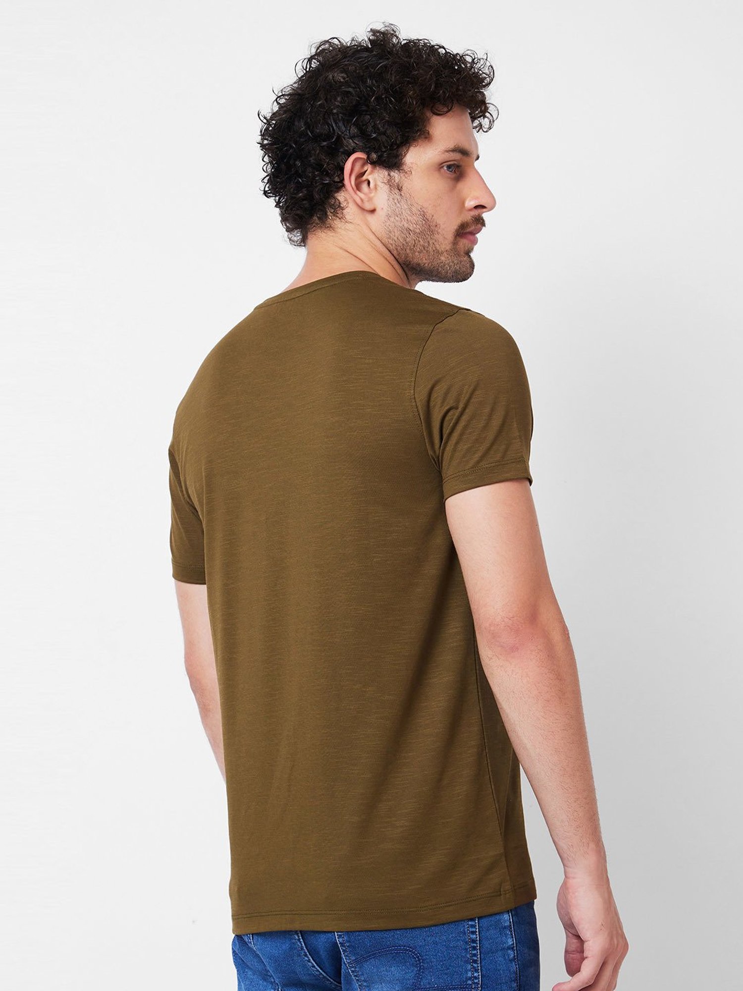 Spykar Olive Slim Fit Graphic Print Crew T-Shirt