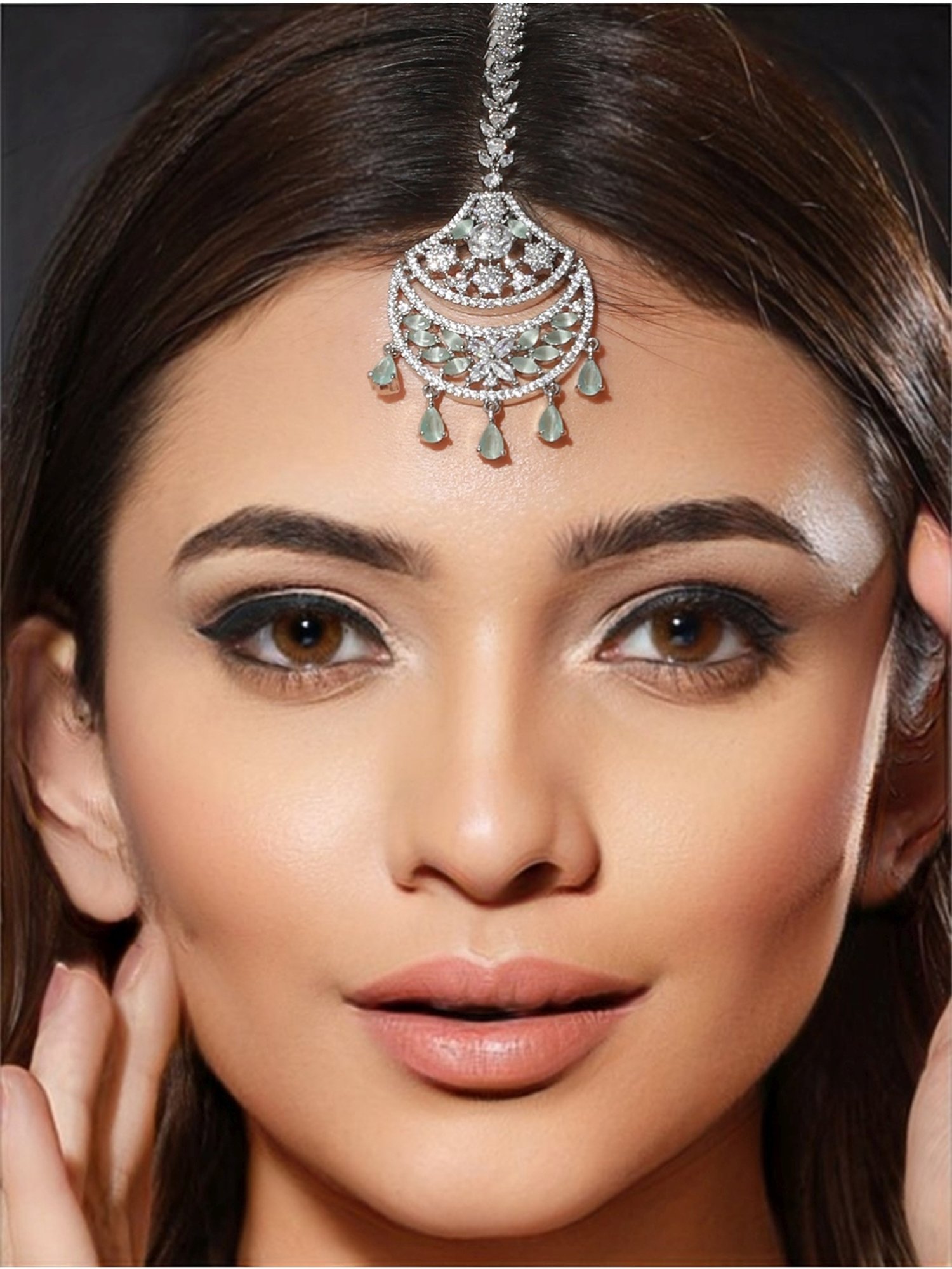 Priyaasi Mint Green Floral American Diamond Silver-Plated Maangtikka