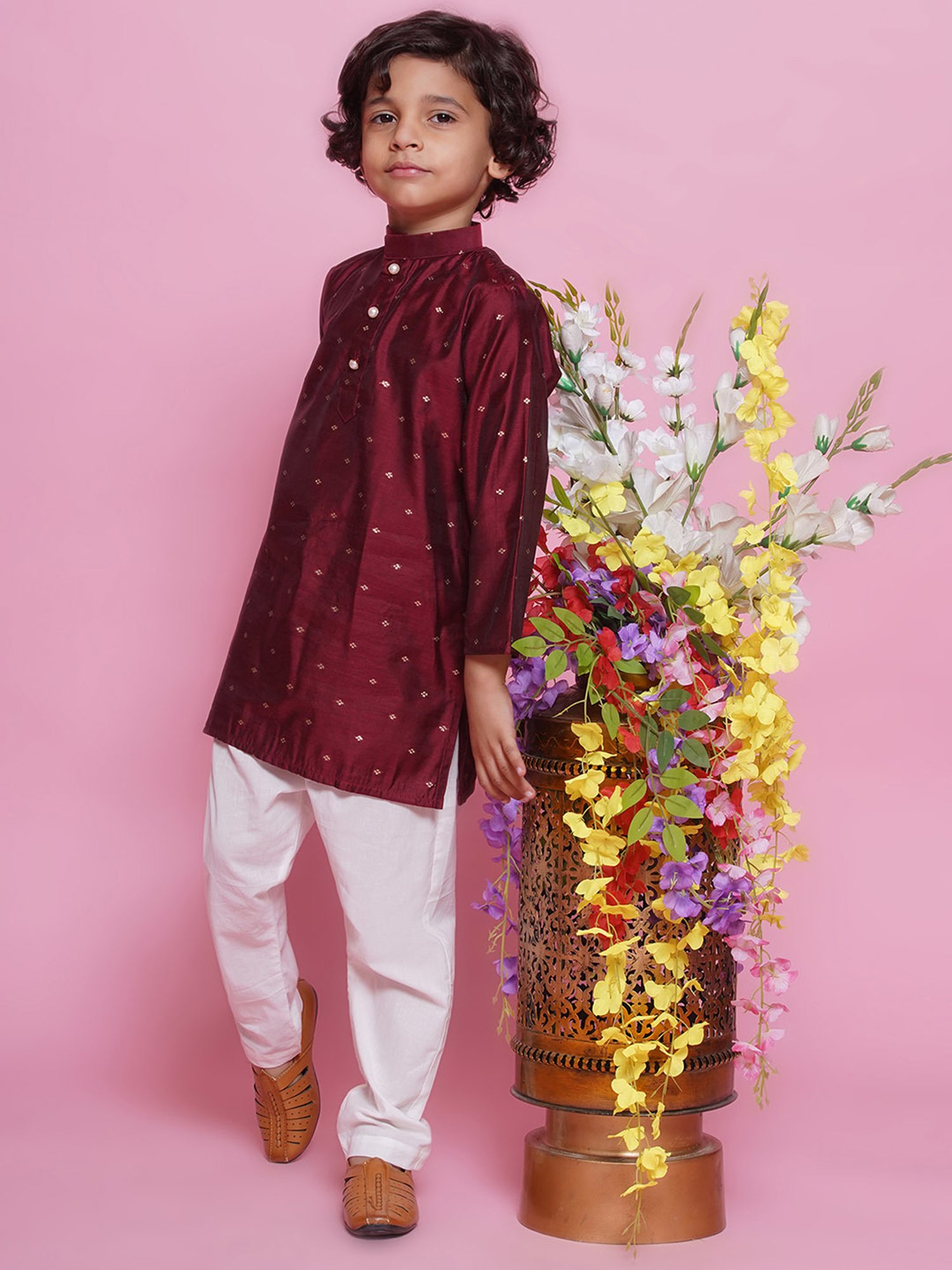 Little Bansi Boys Maroon & White Self Design Full Sleeves Kurta with Pyjamas