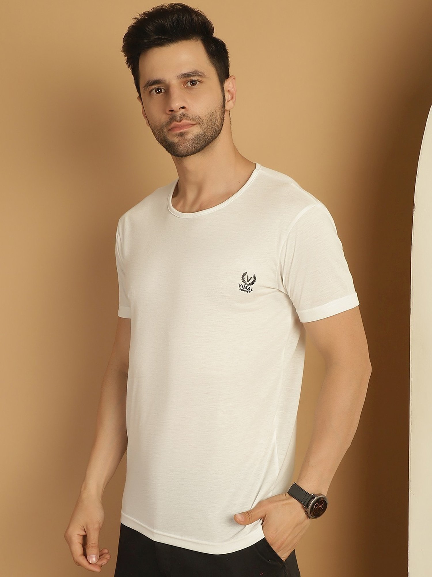 Vimal Jonney Grey & White Regular Fit T-Shirt
