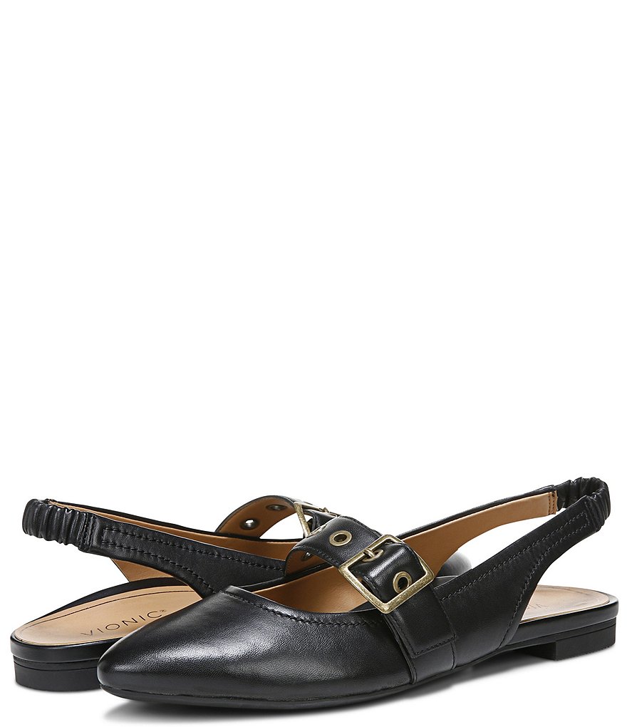 Vionic Elana Leather Buckled Strap Slingback Flats