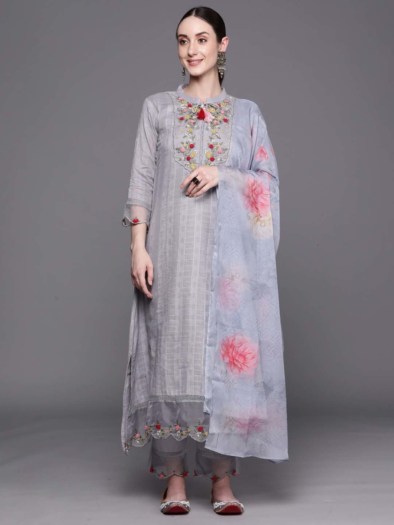 Indo Era Grey Cotton Embroidered Kurta Pant Set With Dupatta