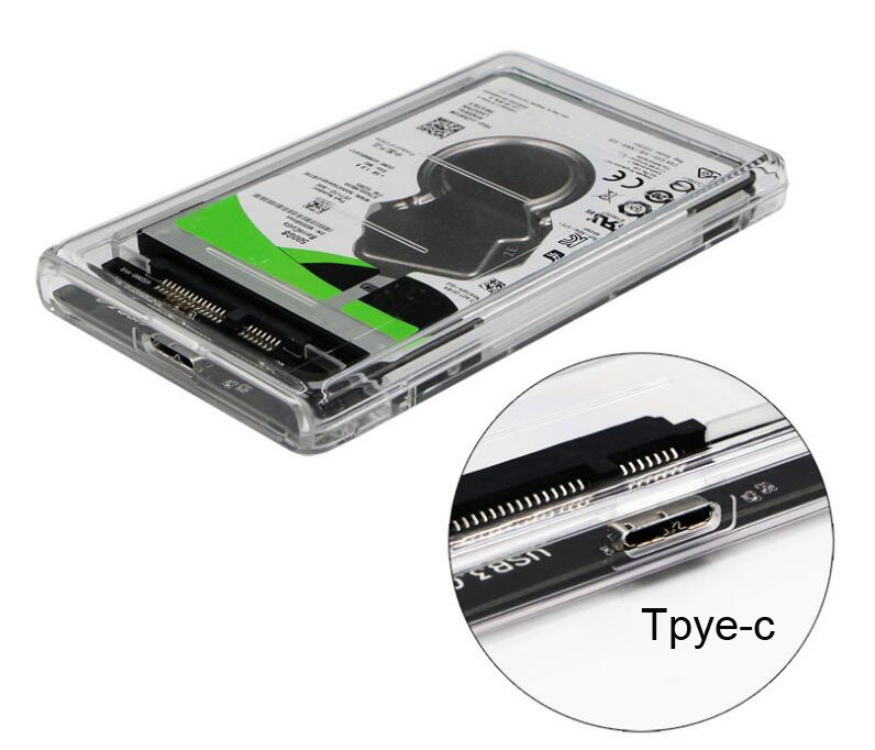 Jansicotek 2.5" External Hard Drive Enclosure, SATA III to USB Type-C for HDD/SSD - Tool Free Installation, Transparent Design, Supports UASP and up to 2TB - Clear