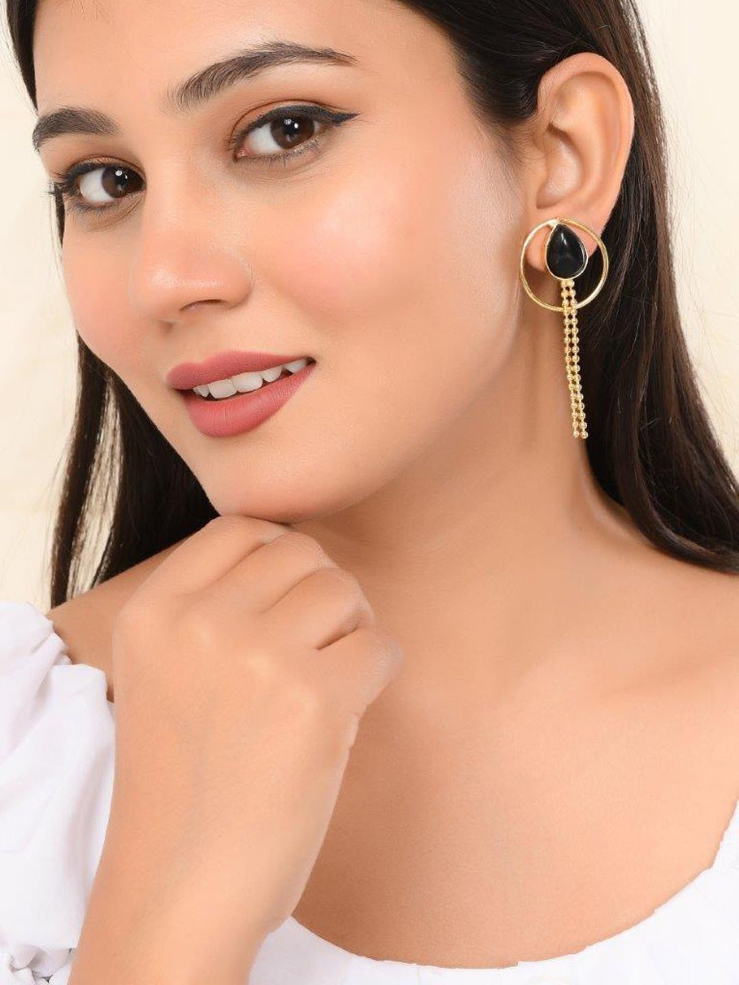 VOJ One Gram Gold Plated Drop Shaped Black Stone Studded Earrings for Women
