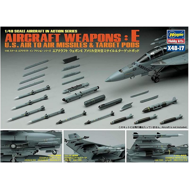 Hasegawa Aircraft Weapons E U.S. Air- to-Air Missiles & Target Pods 1/48 Scale Model Kit