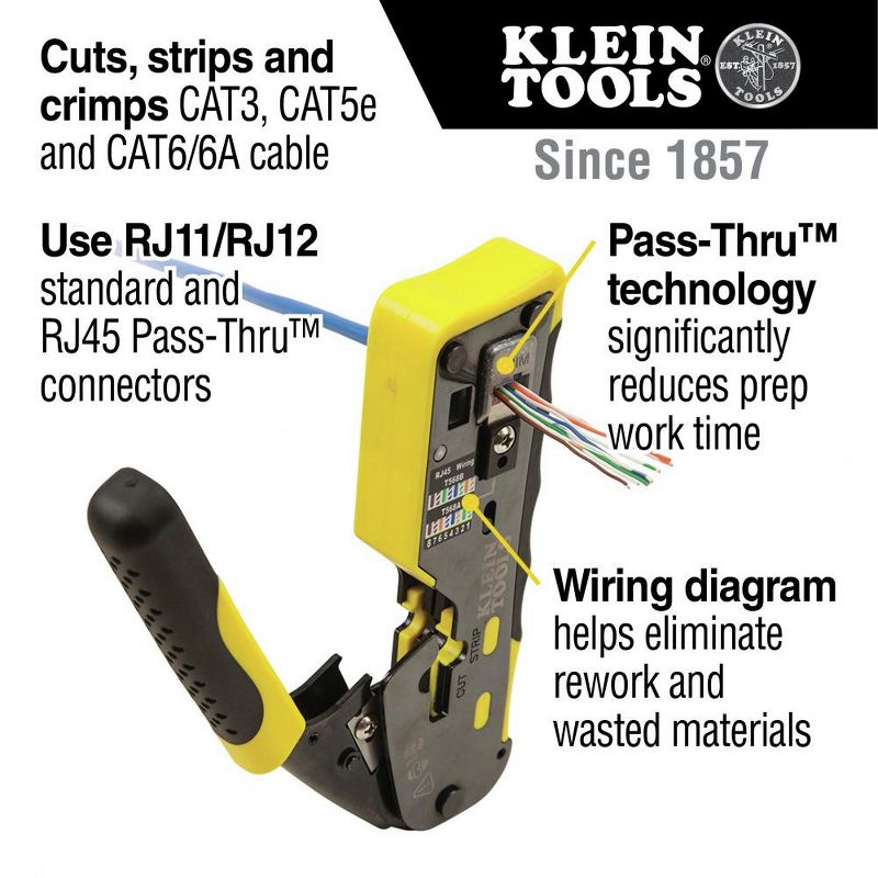 Klein Tools VDV226-110 Ratcheting Cable Crimper/Stripper/Cutter for Pass-Thru Connectors