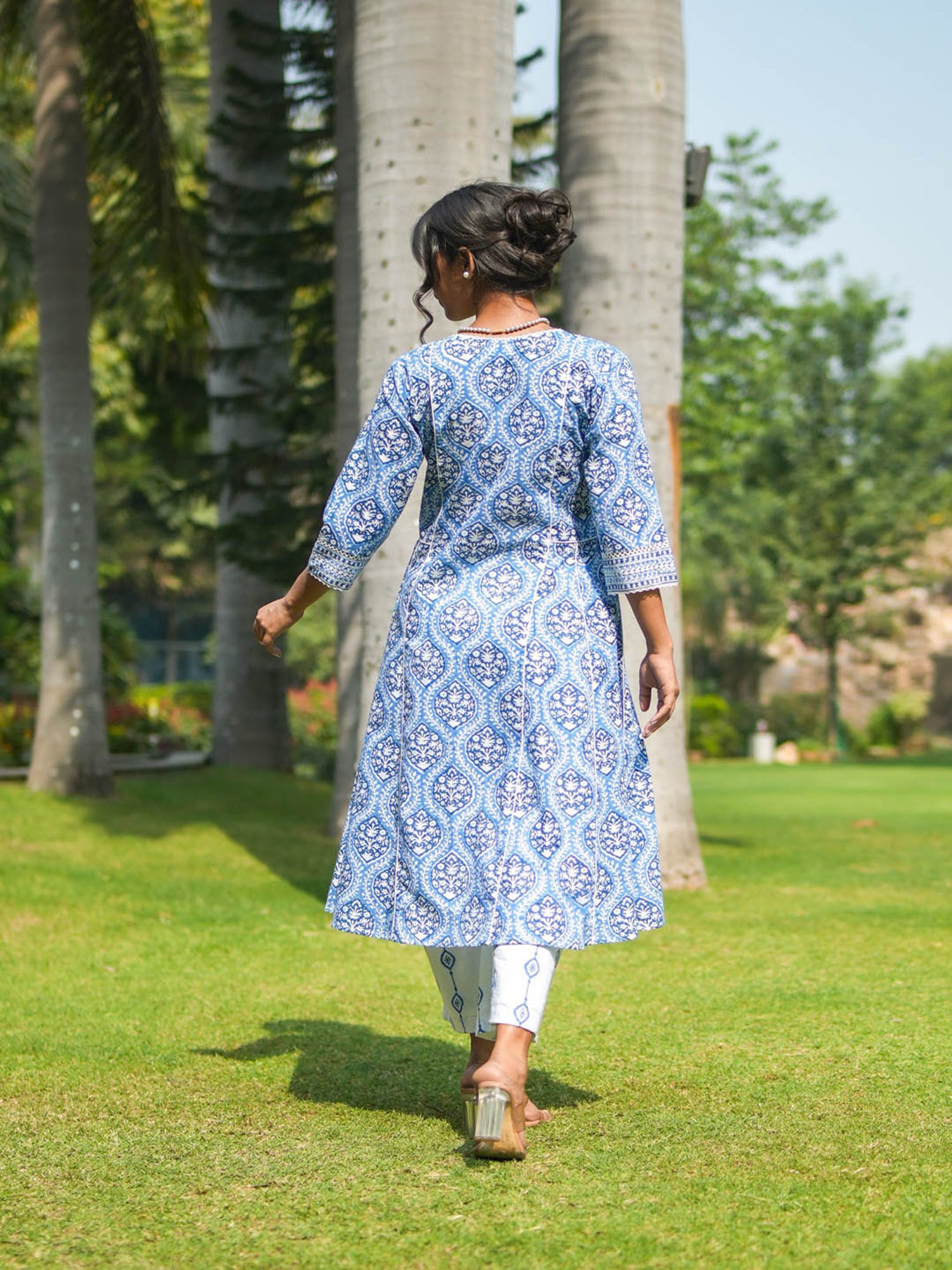 Akiso Blue Hand Block Printed Flared Kurta Set With Hand Embroidery Detail ( Set Of 2 )