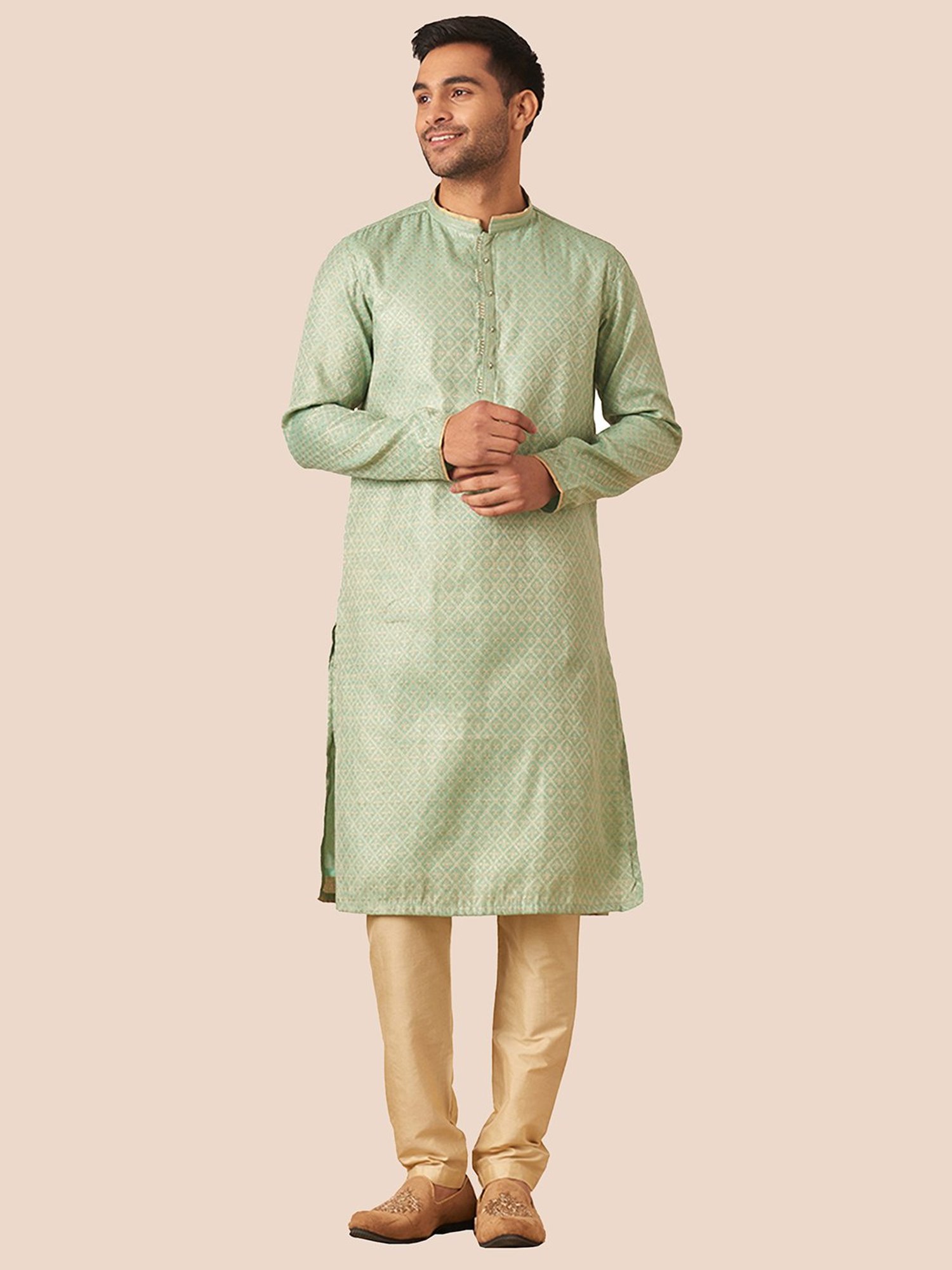 Manyavar Light Green & Gold Regular Fit Self Design Kurta & Pyjamas Set