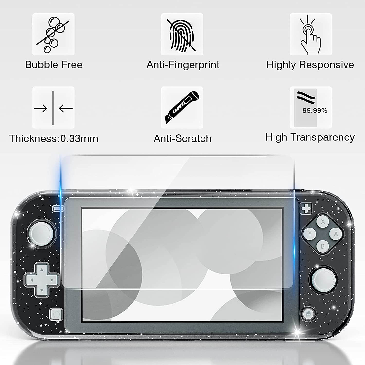 HEYSTOP Case Compatible with Nintendo Switch Lite, with Tempered Glass Screen Protector and 4 Thumb Grip, Front and Back, All-Round Protective case (Black)