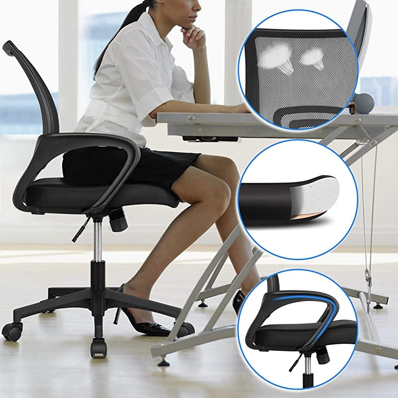 Office Chair Ergonomic Computer Chair Mid Back Mesh Desk Chair Lumbar Support Modern Executive Adjustable Stool Rolling Swivel Chair Black